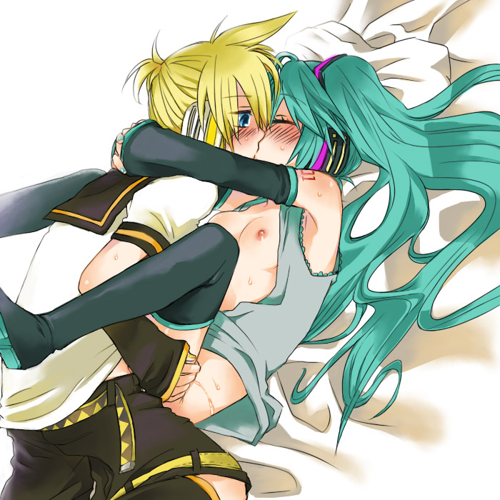 bed blonde_hair blue_eyes blush bottomless breasts closed_eyes hatsune_miku hug kagamine_len kissing legs_up manao missionary_position nipples open_clothes open_shirt sex shirt thighhighs tied_hair twintails vocaloid zettai_ryouiki