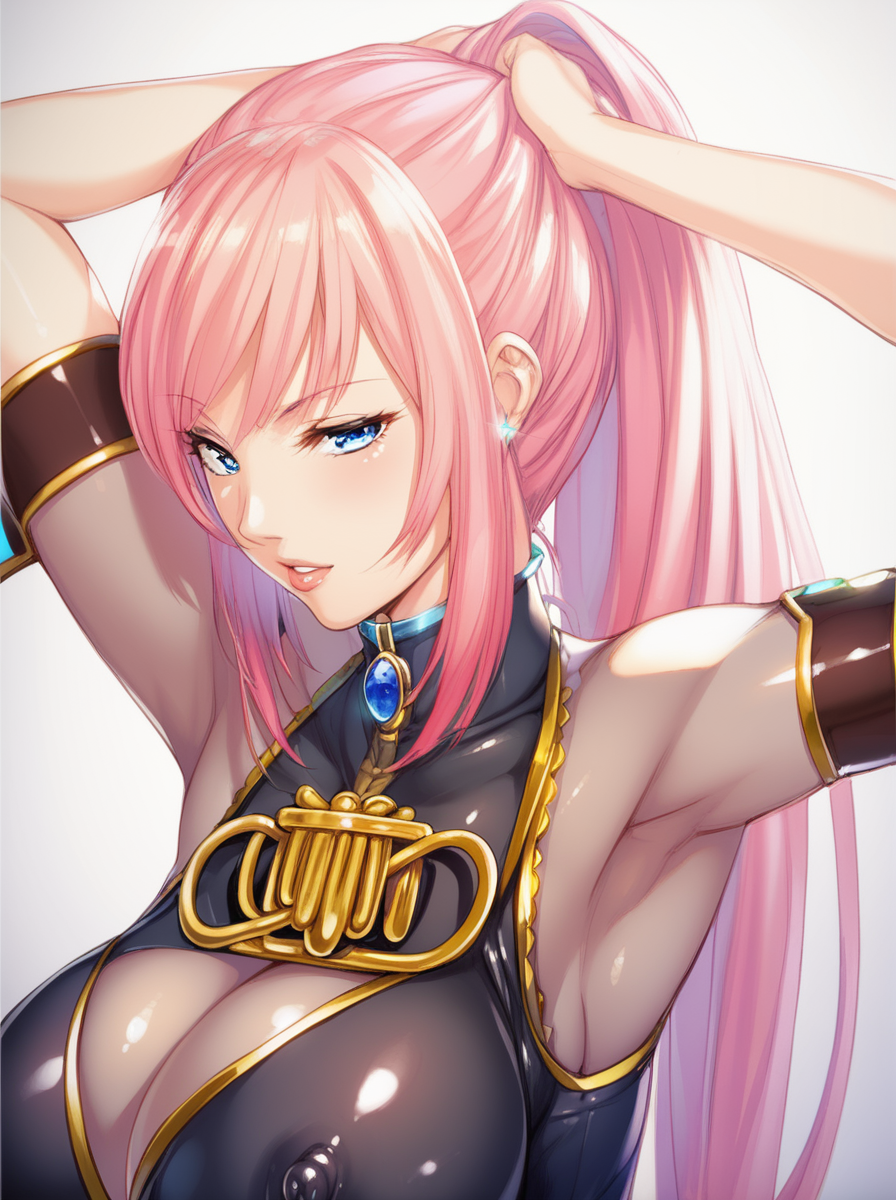 ai_generated arm_band armpits blue_eyes cleavage cleavage_cutout erect_nipples grabbing_hair hair_grab large_breasts megurine_luka pink_hair pony_diffusion_xl ponytail simple_background solo solo_female very_long_hair vocaloid