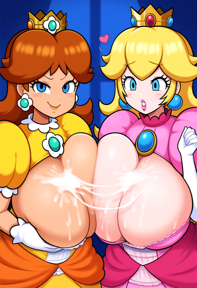 2boys ai_generated big_breasts big_lips blonde_hair brown_hair crown cum cum_on_breasts cumming cumshot double_paizuri female gigantic_breasts huge_breasts lipstick lubbasdump mario_(series) nintendo princess princess_daisy princess_peach royalty smiling worried