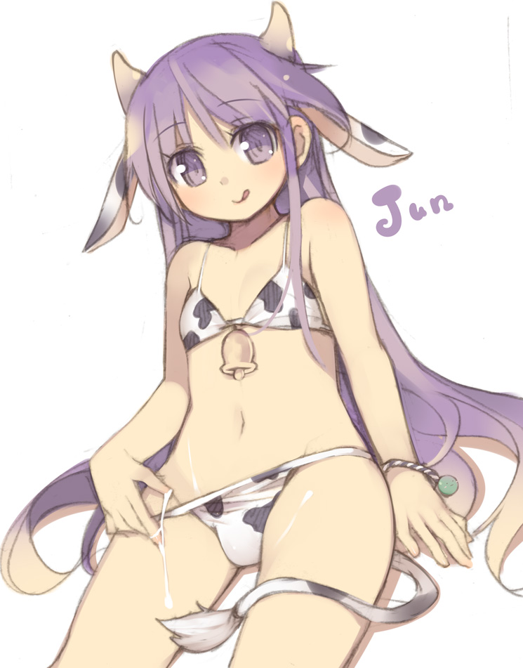 :q animal_ears bell bikini bikini_pull bulge bulge_through_clothing clothed cow_bikini cow_ears cow_print cow_tail crossdressing cum fake_animal_ears fake_horns femboy fully_clothed happiness happiness! happy horns human human_only kashiwamochi_yomogi long_hair male male_only navel penis_bulge purple_eyes purple_hair smile solo swimsuit tail tongue very_long_hair watarase_jun