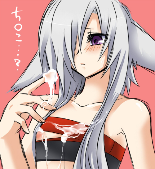 bare_shoulders blush breasts copyright_request cum cum_on_body cum_on_breasts cum_on_clothes cum_on_upper_body flat_chest hair hair_over_one_eye kituneno-lullaby konshin long_hair nipples text translated translation_request white_eyes white_hair