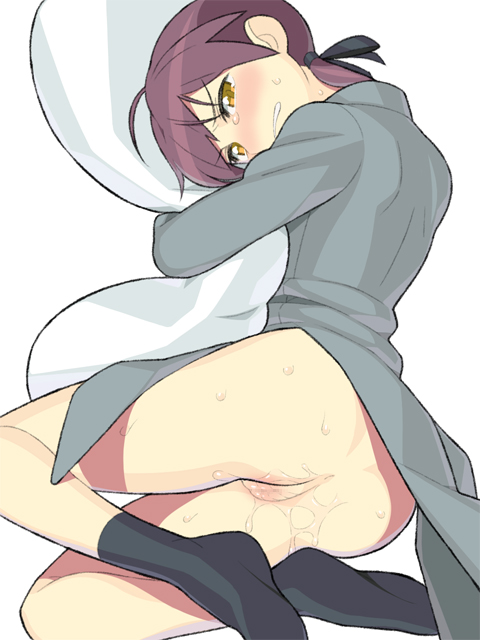 blush bottomless brown_eyes clothing footwear gertrud_barkhorn namaeha_(pixiv77217) no_panties pillow pillow_hug pomelocandy pussy pussy_juice socks strike_witches tears uncensored