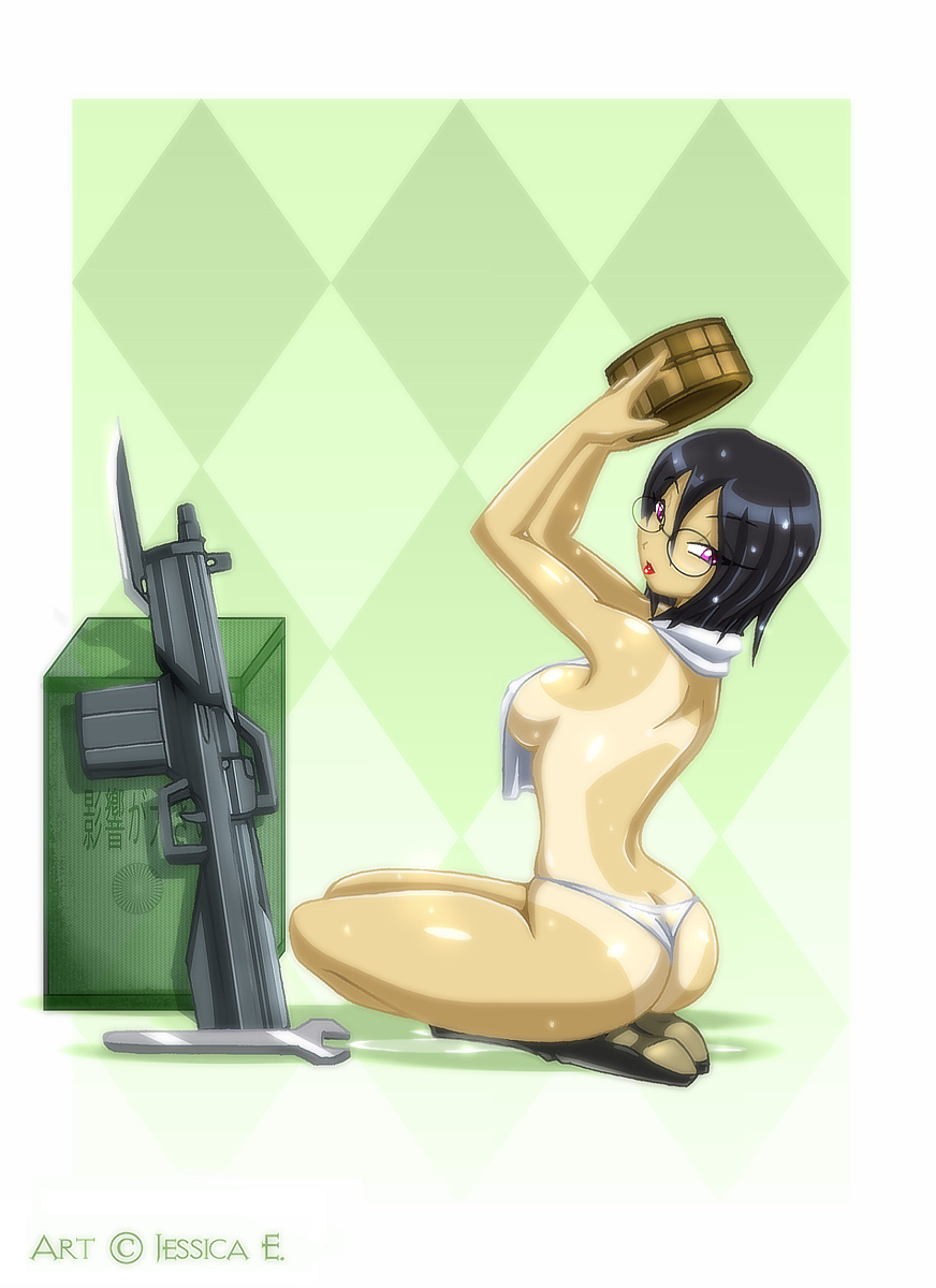 assault_rifle black_hair censored convenient_censoring copyright_request glasses gun highres jessica_elwood kneeling matypup panties purple_eyes rifle short_hair tan tanline underwear weapon wedgie