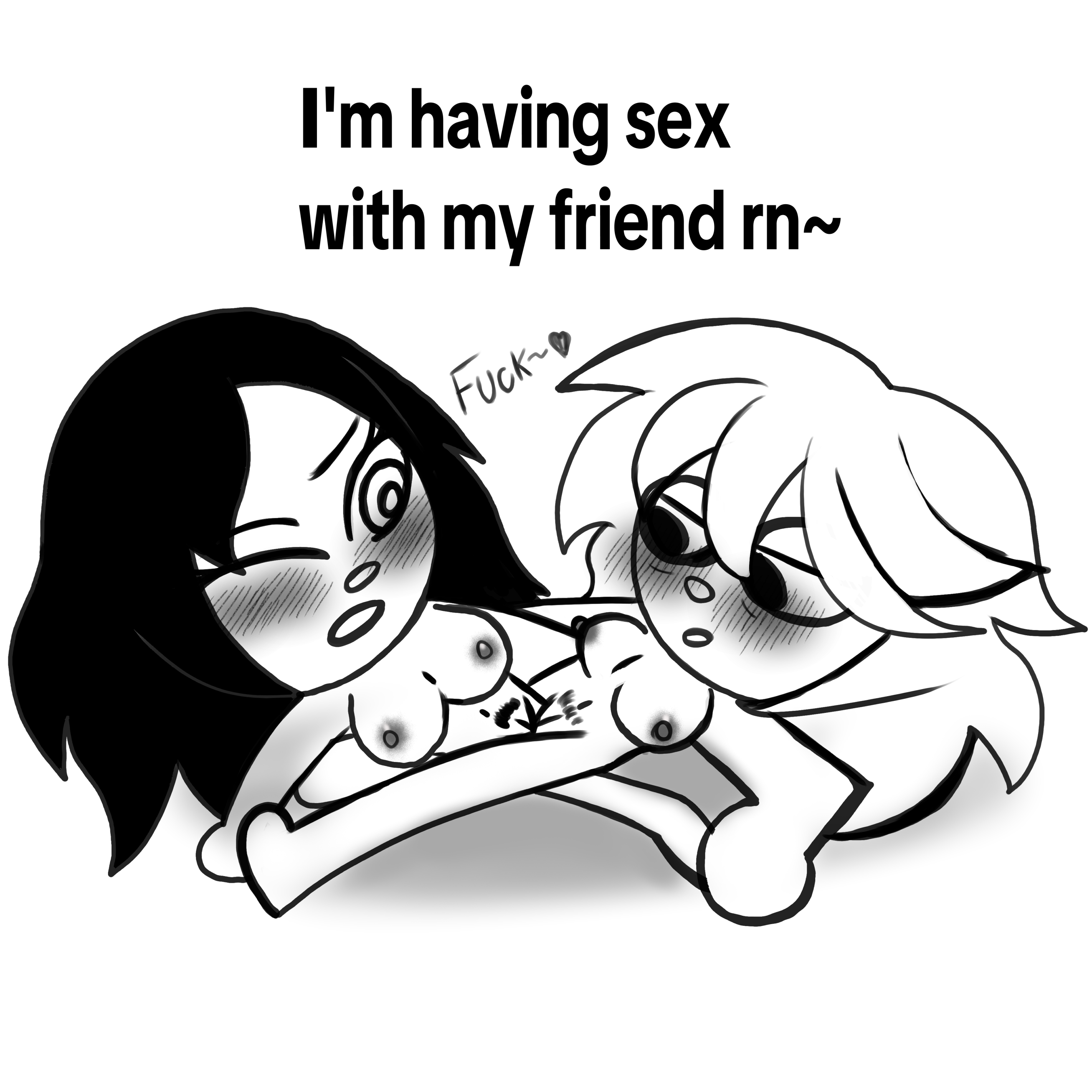 2girls, arm support, blush, breasts, english text, female, female only, female pubic hair, female/female, fercholito, hairy pussy, heart, lesbian, lesbian sex, monochrome, multiple females, multiple girls, nirami, nude, nude female, pubic hair, pussy, pussy to pussy, scissoring, spread legs, text, tiktok, tiktoker, tribadism, vlada (sona), youtube, yuri