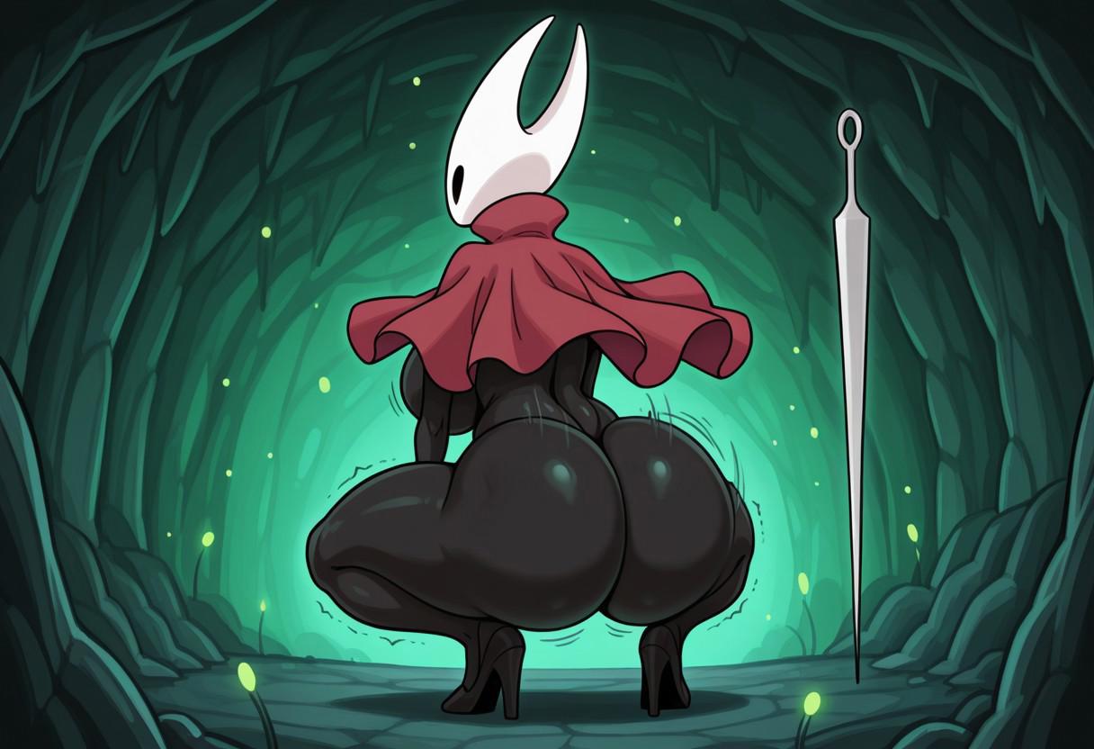 ai generated, ass, back view, big ass, big breasts, black body, breasts, bubble butt, curvy, despeto, female, high heels, hollow knight, hollow knight: silksong, hornet (hollow knight), insects, nude, red coat, solo, solo female, twerk, twerking