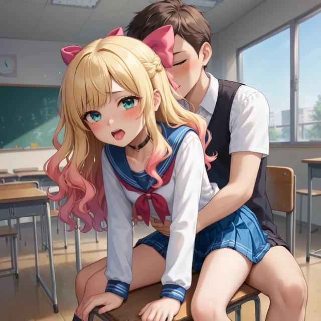 1boy actualtrashhuman ai ai_generated aqua_eyes blonde_hair blush choker classroom female french_braid gradient_hair implied_penetration implied_sex long_hair miniskirt multicolored_hair original_character pleated_skirt public_sex sailor_collar school_uniform schoolgirl skirt slender_body smelling_hair stealth_sex two_tone_hair wavy_hair