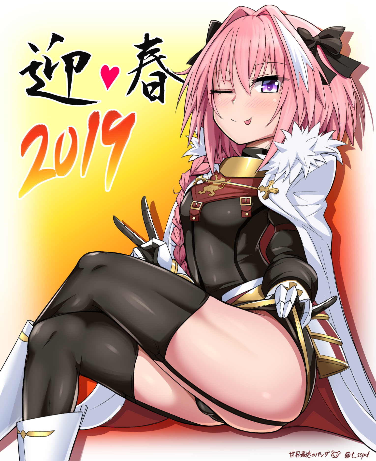 1boy, astolfo (fate), bulge, fate (series), femboy, garter belt, girly, male, male only, panties, sekai saisoku no panda, thighhighs, tongue, tongue out, trap