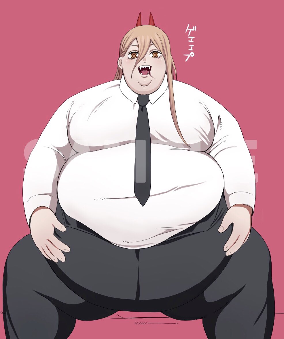 business_attire chainsaw_man chonk fat fat_fetish large_belly large_breasts morbidly_obese nikutsuki obese power_(chainsaw_man) sexy sharp_teeth solo_female ssbbw two_horns