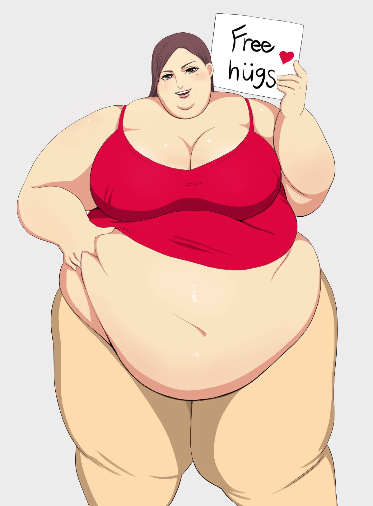 fat_female fat_fetish holding_object large_belly large_breasts morbidly_obese nikutsuki red_clothing ssbbw