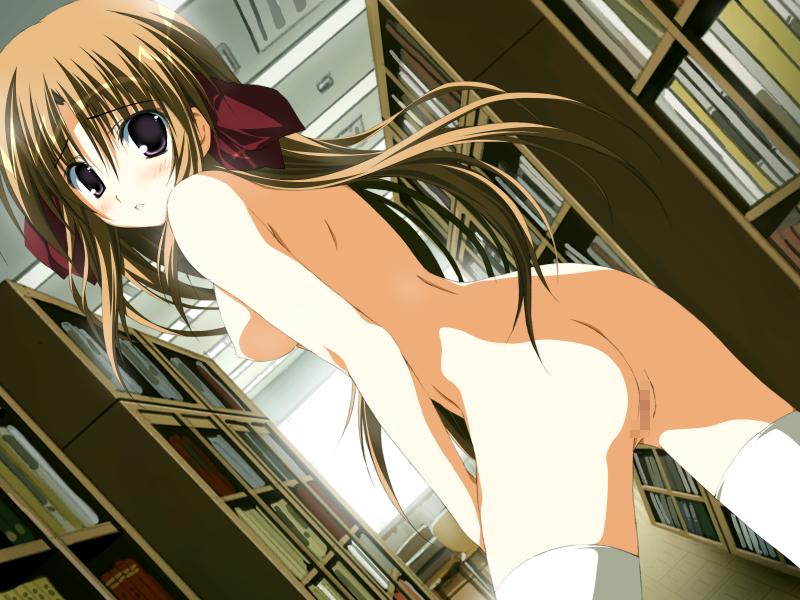 back breasts brown_eyes brown_hair censored game_cg hosaka_nanami korie_riko library nude public public_nudity pussy terebi_no_kieta_hi thighhighs zenra