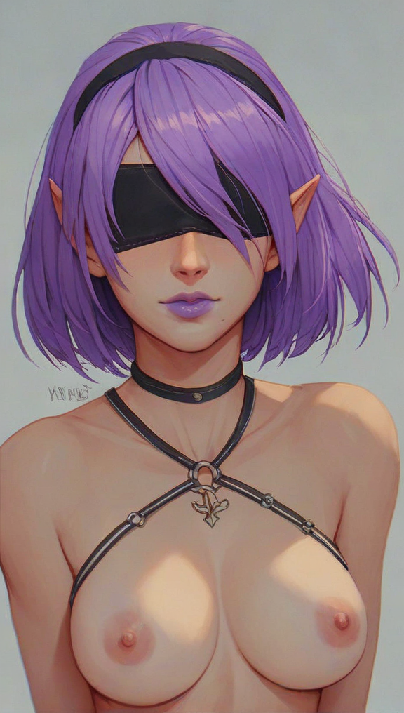 1girls a_link_between_worlds ai ai_generated blindfold blindfolded breasts collar cosplay crossover crossover_cosplay female female_only grey_background lorulian lorulian_ears mole mole_under_mouth naked naked_female nier:_automata nier_(series) nintendo nipples nude nude_female pointy_ears princess princess_hilda purple_hair purple_lips purple_lipstick quinzo11 self_upload short_hair square_enix the_legend_of_zelda the_legend_of_zelda:_a_link_between_worlds yorha_2b_(cosplay)