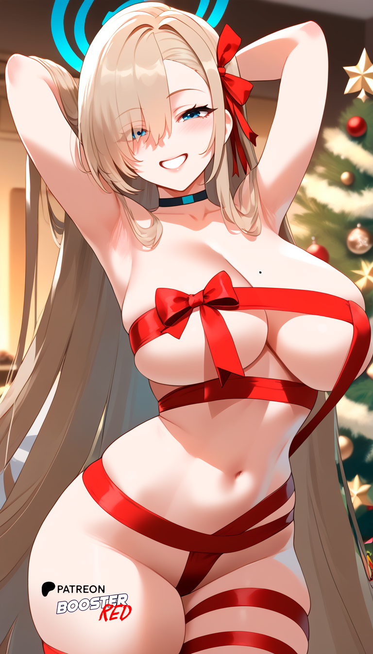 ai_generated arms_above_head arms_behind_head asuna_(blue_archive) asuna_(bunny)_(blue_archive) asuna_(bunny_girl)_(blue_archive) bare_shoulders black_choker blonde_female blonde_hair blue_archive blue_eyes boosterred99 bow choker christmas christmas_clothing christmas_outfit christmas_tree halo large_breasts long_hair naked naked_female pony_diffusion_xl red_body red_bow red_ribbon red_ribbons ribbon ribboned_body santa_costume seductive_look seductive_smile strapless thighs voluptuous