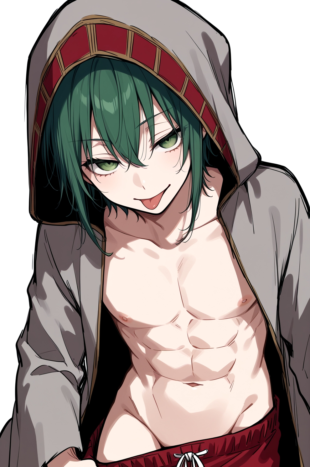 1boy :p abs ai_generated cape clothes_pull comfyui echidna_(maha_no_hanashi) genderswap_(ftm) green_eyes green_hair groin hair_between_eyes hood hood_up hooded_cape looking_at_viewer maha_no_hanashi male male_focus male_only male_swimwear male_swimwear_pull masa_works_design milua naughty_face navel nipples red_male_swimwear red_swim_trunks rule_63 self_upload short_hair sidelocks simple_background solo solo_male swim_trunks toned toned_male tongue tongue_out topless_male white_background