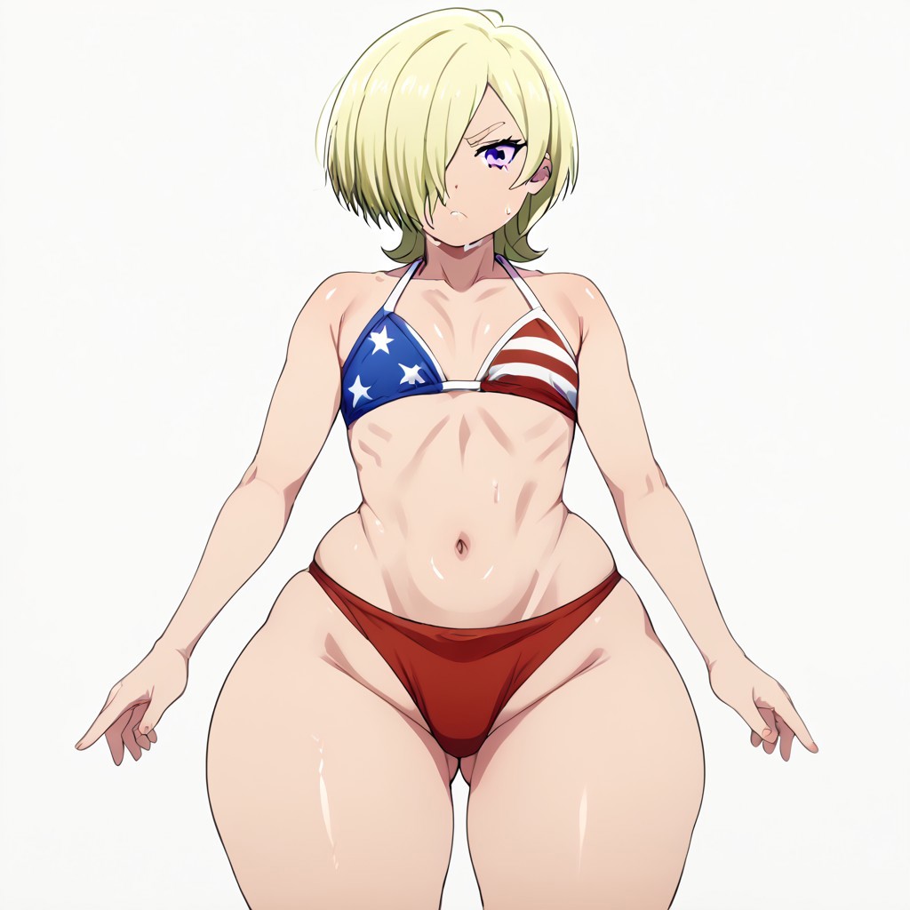 1girls ai_generated american_flag_bikini ass ass_visible_from_the_front ass_visible_through_thighs big_ass bikini blonde_hair bubble_butt female flat_chest huge_ass love_live! love_live!_nijigasaki_high_school_idol_club mia_taylor purple_eyes sweat thick_thighs wide_hips