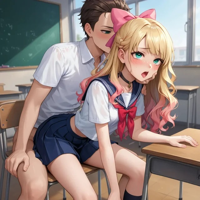 1boy actualtrashhuman ahe_gao ahe_gao ai ai_generated blonde_hair blonde_to_pink_hair bow choker classroom clothed_sex crop_top female french_braid gradient_hair implied_penetration implied_sex long_hair miniskirt multicolored_hair ombre_hair pleated_skirt public_sex school_uniform schoolgirl skirt stealth_sex