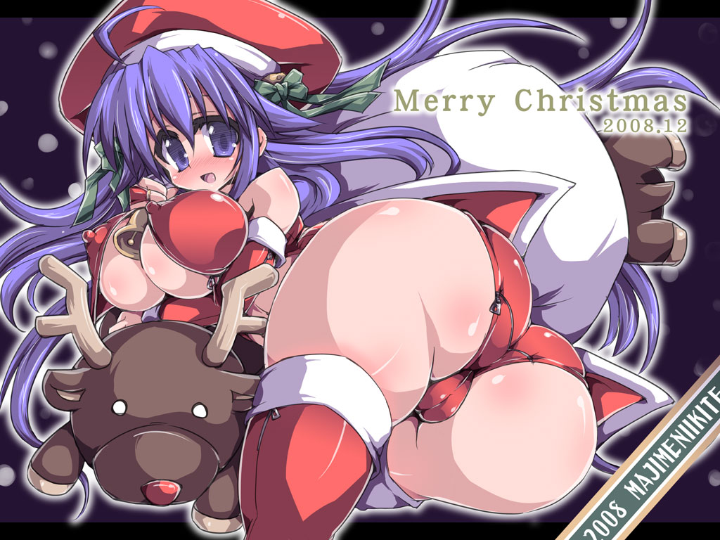 1girls bent_over big_ass big_breasts blue_eyes blue_hair blush blushing booty breasts cameltoe christmas cleavage erect_nipples female kanori_rakuma large_breasts long_hair looking_at_viewer looking_back original rakuma_kanori reindeer sack straight_hair thighhighs trefoil zipper