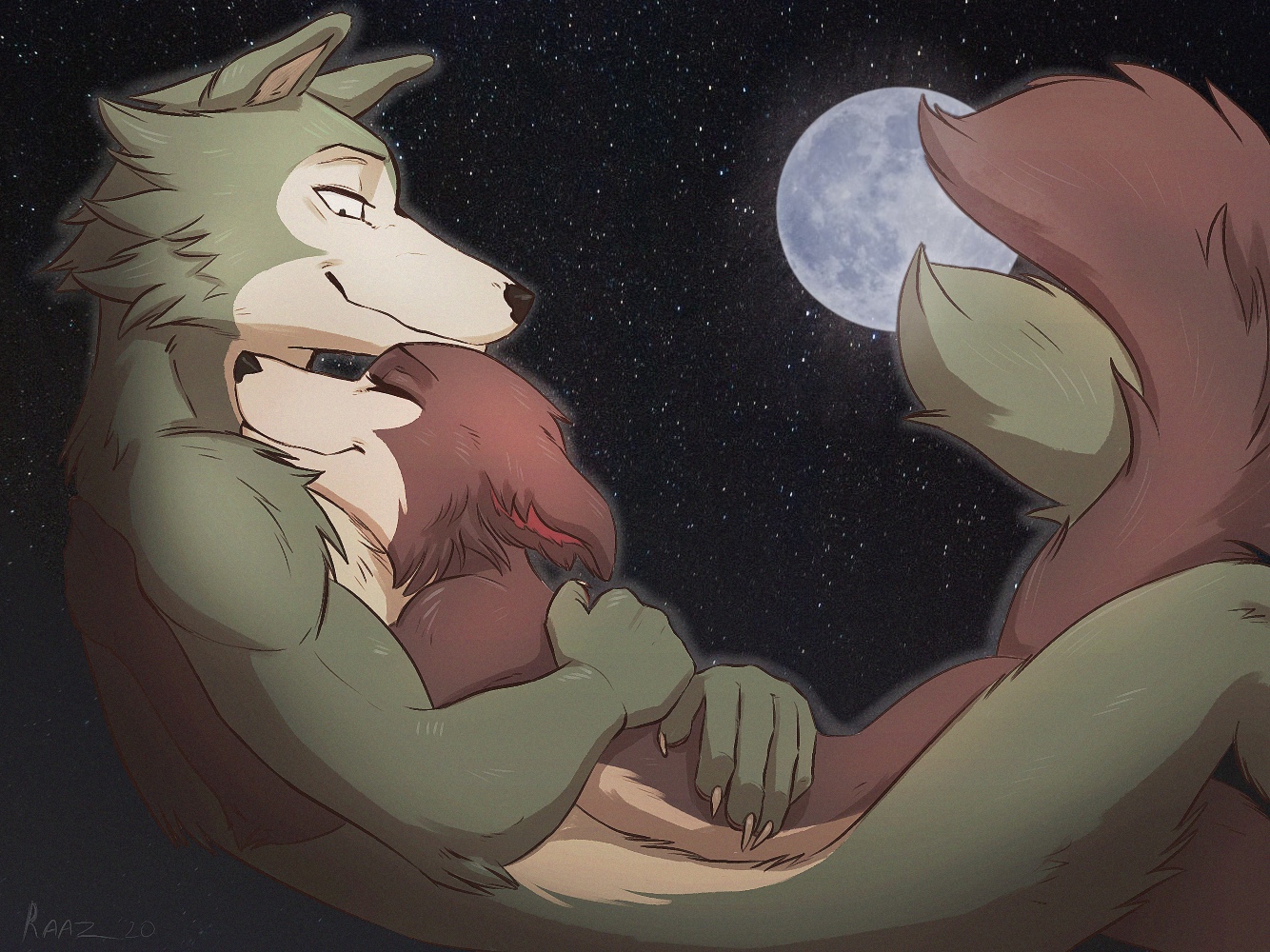 <3, anthro, anthro on anthro, beastars, brown body, brown fur, canid, canine, canis, cuddling, detailed background, duo, female, female on top, fluffy, fluffy tail, fur, green body, green fur, hug, juno (beastars), legoshi (beastars), love, male, mammal, moon, night, nude, outside, raaz, romantic, romantic couple, sky, smile, star, starry sky, straight, wholesome, wolf