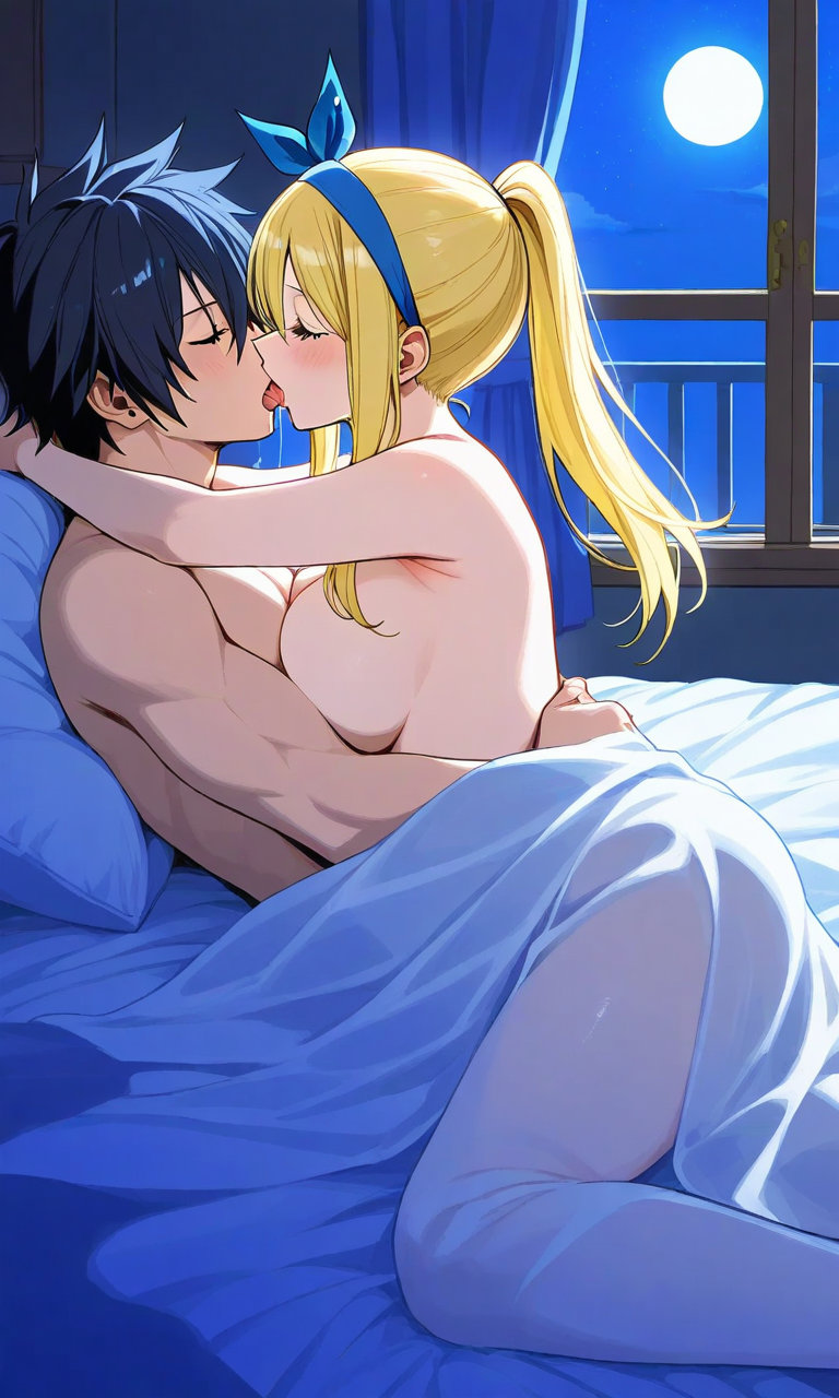 ai_generated fairy_tail gray_fullbuster kissing lucy_heartfilia moonlight pixai romantic_night wholesome