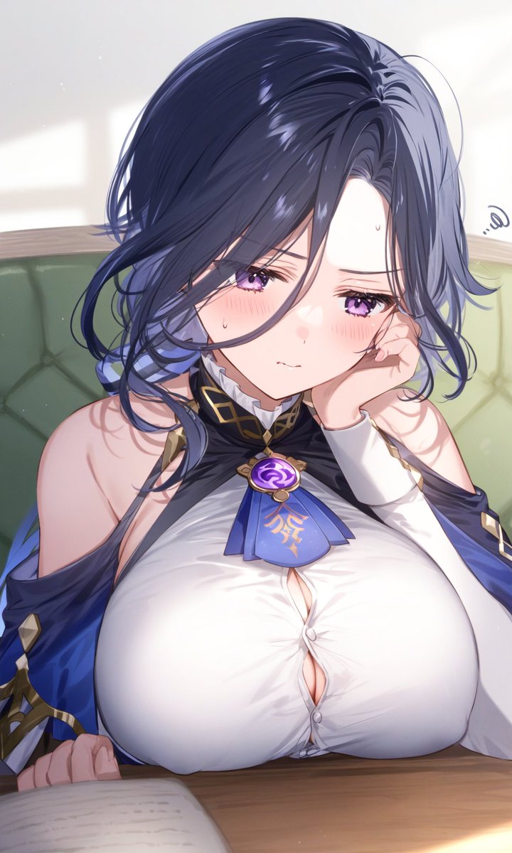 1girls ai_generated blush breasts bursting_breasts busty buttons cleavage clorinde_(genshin_impact) female female_only genshin_impact huge_breasts solo