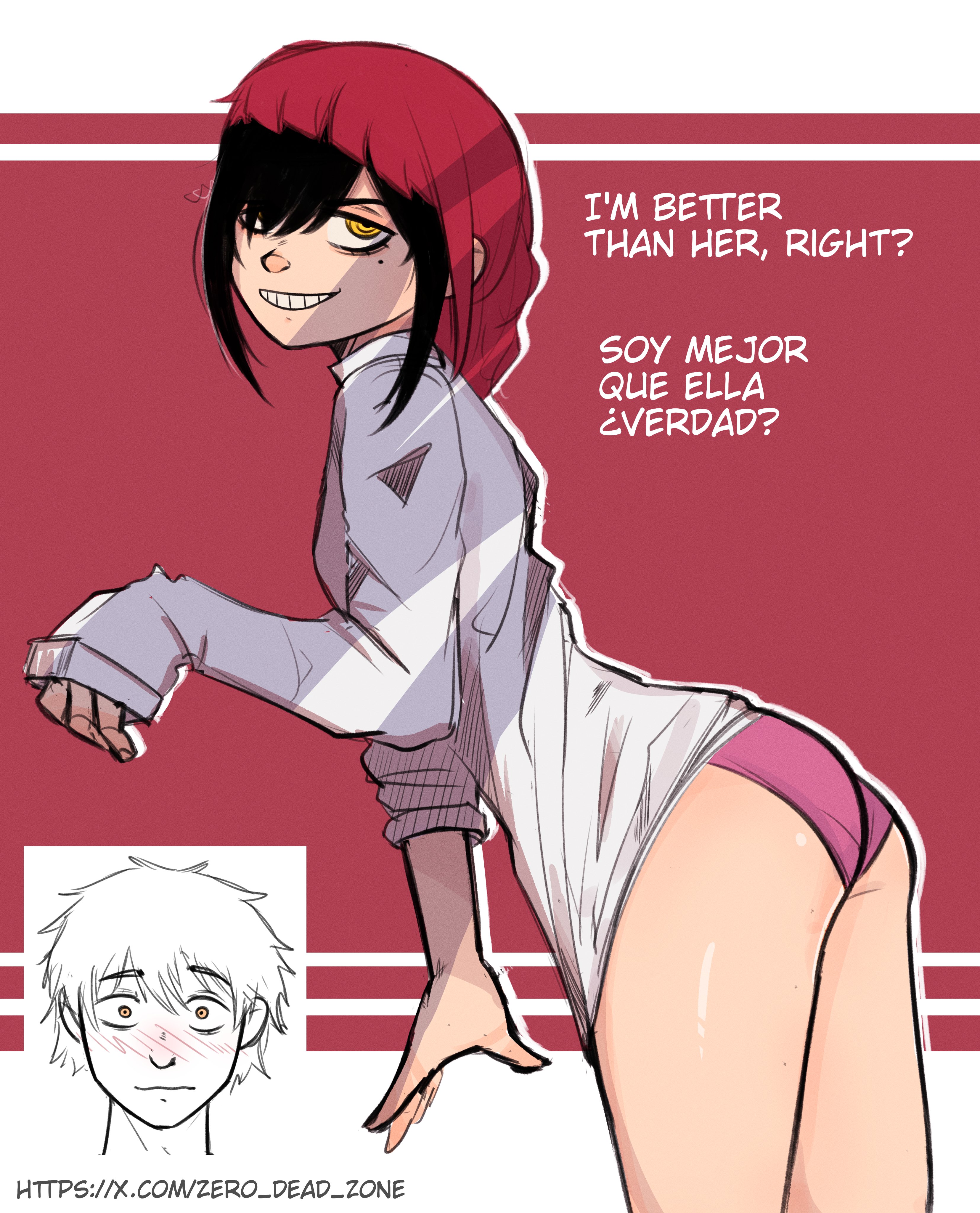 1boy, 1girls, 2d, 2d (artwork), black hair, blush, blush lines, blushing, blushing male, butt, chainsaw man, cosplay, demon, demon girl, denji (chainsaw man), dialogue, english text, female, light skin, light-skinned female, long hair, male, mole, mole on face, mole under eye, nayuta (chainsaw man), panties, partially clothed, pink panties, red hair, shirt, spanish text, text, two-tone hair, yellow eyes, zero dead zone
