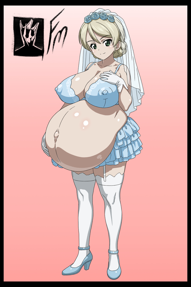 belly big_breasts bloated_belly blonde_hair breasts darjeeling fungus-man girls_und_panzer gloves green_eyes high_heels hyper_belly pink_background pregnant pregnant_female rose stockings visible_nipples wedding_dress wedding_veil