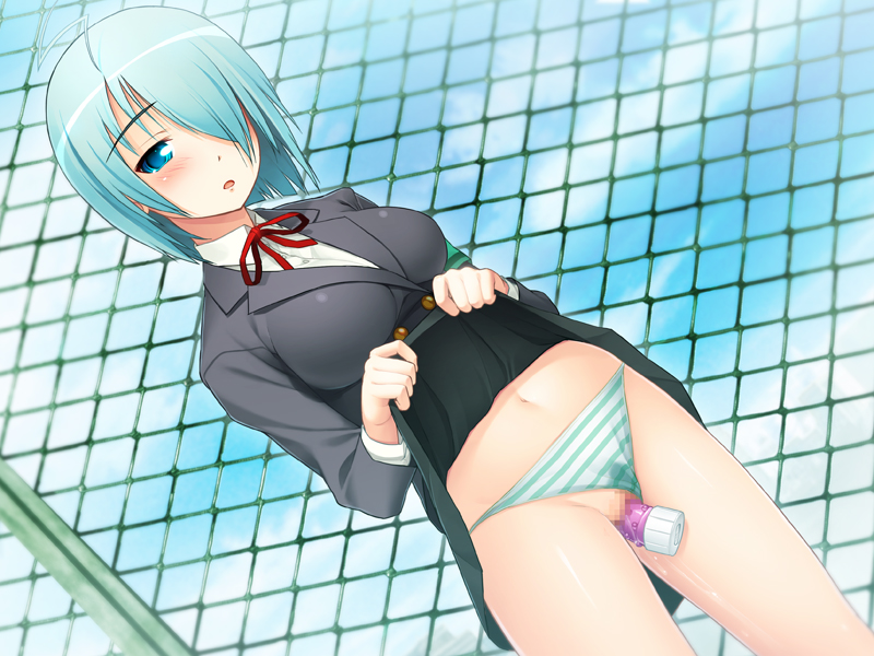 blue_eyes blue_hair blush breasts censored clothed_masturbation clothing discreet_vibrator exhibitionism female game_cg hair_over_one_eyes kusakabe_amaho large_breasts masturbation navel nitroplus panties panty_pull public_vibrator pussy pussy_juice rooftop school_uniform short_hair skirt skirt_lift solo striped striped_panties sumaga tsuji_santa underwear vibrator wet_panties