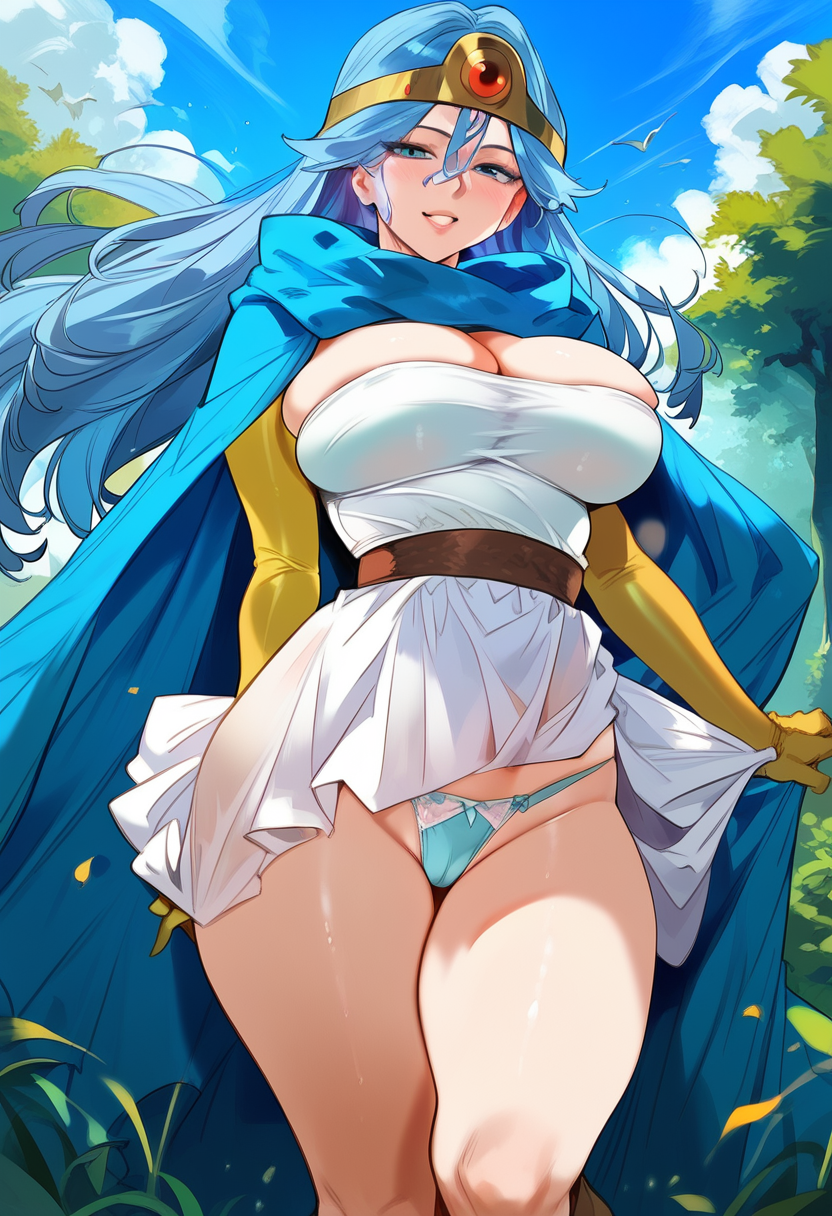 2d ai_generated big_breasts blue_hair circlet dragon_quest dragon_quest_iii dress female female_focus female_only gloves long_hair sage_(dq3) solo solo_female solo_focus tagme white_dress