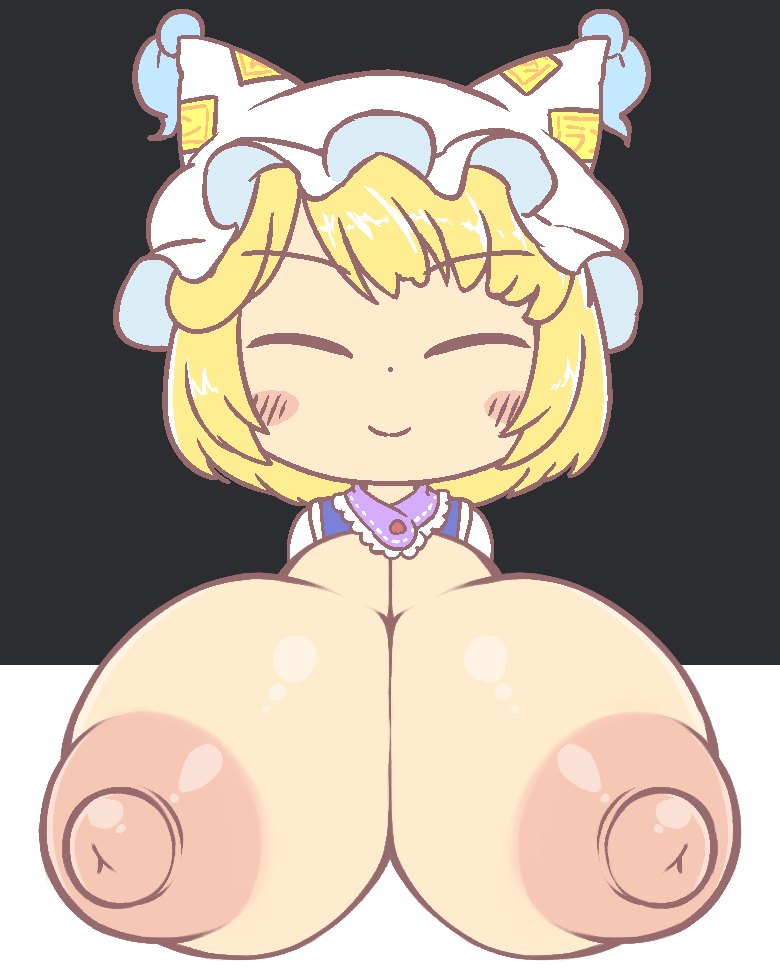 blush breasts breasts_out closed_eyes fox fox_ears gyate_gyate hat huge_breasts lewdorangetea puffy_nipples ran_yakumo smile touhou