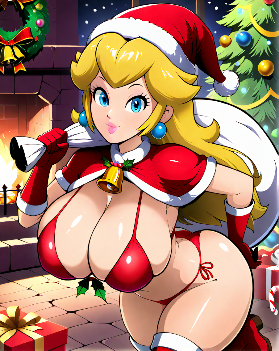 ai_generated bikini_top blonde_hair blue_eyes christmas christmas_outfit christmas_tree fireplace large_breasts long_hair looking_at_viewer mario_(series) princess_peach sack santa_hat stable_diffusion