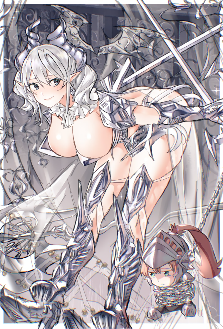 2girls armor bent_over big_breasts breasts chibi cleavage demon_girl demon_wings dual_wielding grey_eyes grey_hair holding holding_sword holding_weapon huge_breasts knight_(yu-gi-oh!) lady_labrynth_of_the_silver_castle large_breasts lovely_labrynth_of_the_silver_castle multiple_girls nakagawa_kanon_(pixiv32798535) oppai pointy_ears revealing_clothes sword transparent_wings voluptuous voluptuous_female weapon wings yu-gi-oh!