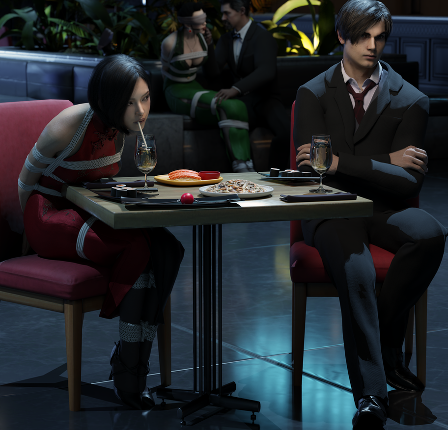 1boy 1boy1girl 1girl1boy 1girls 1guy ada_wong bondage bound dinner dominant dominant_male domination drinking female leon_scott_kennedy male public red_dress resident_evil resident_evil_2 resident_evil_4 skvrwiel straw submissive submissive_female sucking