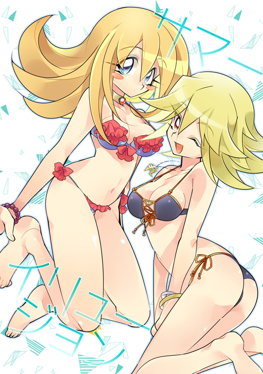 2girls barefoot bikini blonde_hair breasts dark_magician_girl duel_monster female_focus gagaga_girl hat large_breasts long_hair looking_at_viewer magical_girl misaka_(missa) multiple_girls one_eye_closed shiny_skin smile swimsuit wink yu-gi-oh!