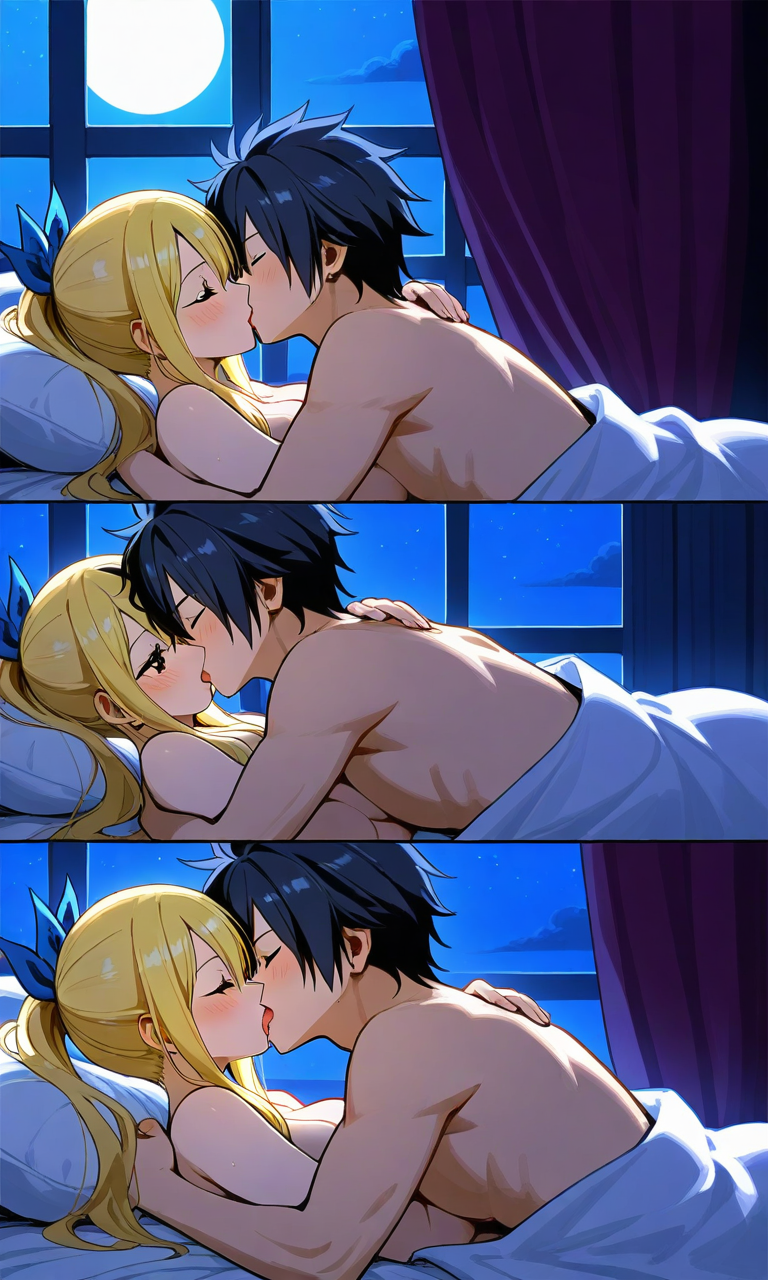 ai_generated black_hair blonde_hair fairy_tail gray_fullbuster lucy_heartfilia pixai romantic_couple wholesome