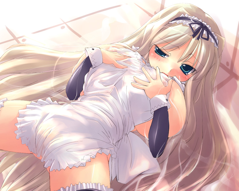 1girls apron blonde_hair blue_eyes blush bow breast_grab breast_squeeze breasts female ga015 huge_breasts kusugawa_sasara lactation large_breasts long_hair maid naked_apron solo stockings thighhighs to_heart_(series) to_heart_2 zettai_ryouiki