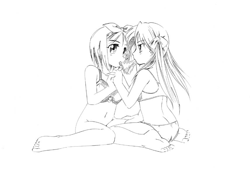 barefoot bottomless bra dual_mouth_hold feet female female_only hand_holding holding_hands human incest jason_(kaiten_kussaku_kikou) jiei_son kagami_hiiragi lingerie lucky_star monochrome mouth_hold multiple_females no_panties panties panties_in_mouth siblings sisters tsukasa_hiiragi twincest twins underwear yuri