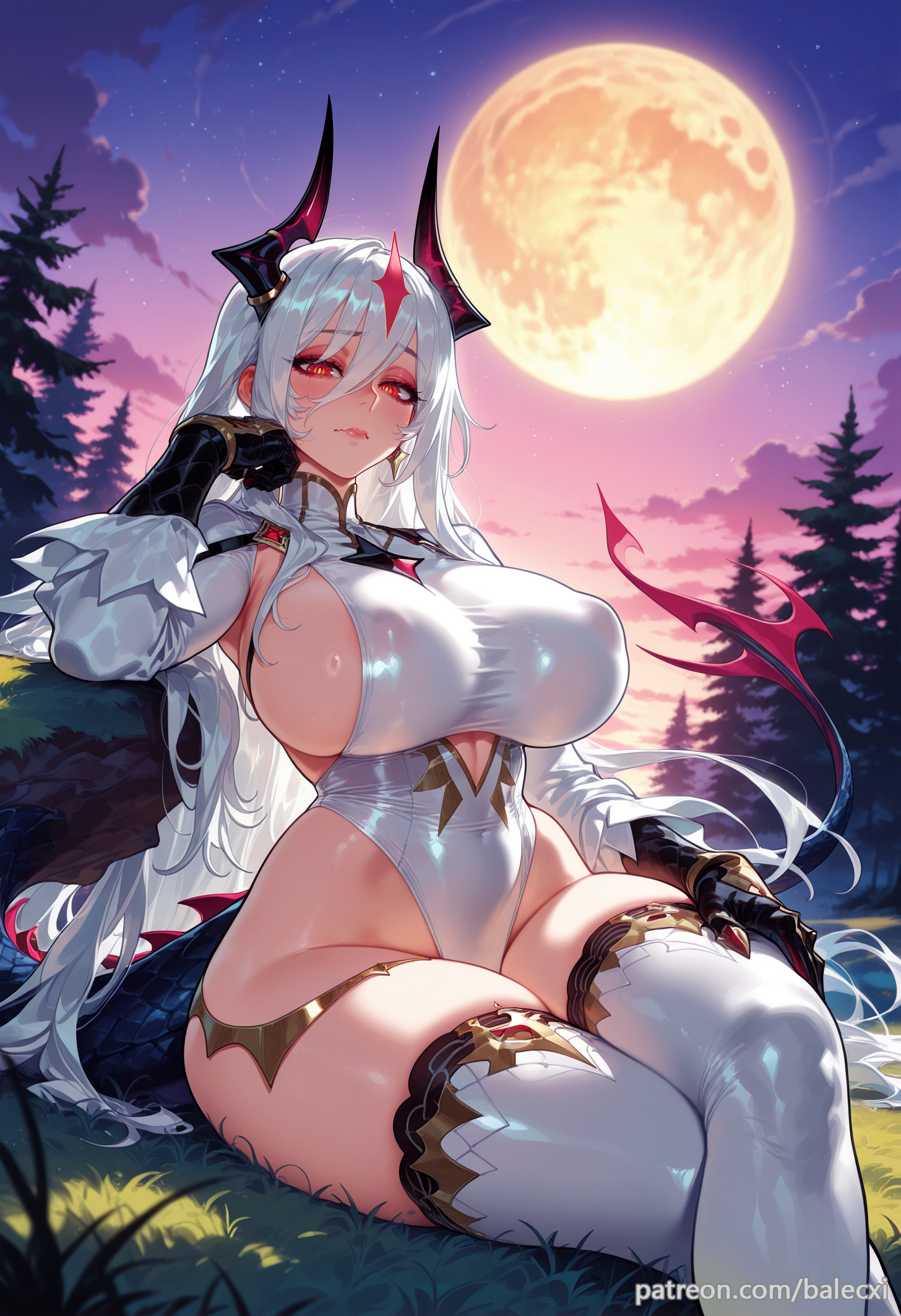 ai generated, balecxi, breasts, covered navel, covered nipples, crossed legs, dragon horns, epic7, female, full moon, gloves, long hair, looking at viewer, luna (epic7), outdoors, red eyes, sideboob, sitting, sky, solo, tail, thick thighs, white hair, white leotard, white thighhighs