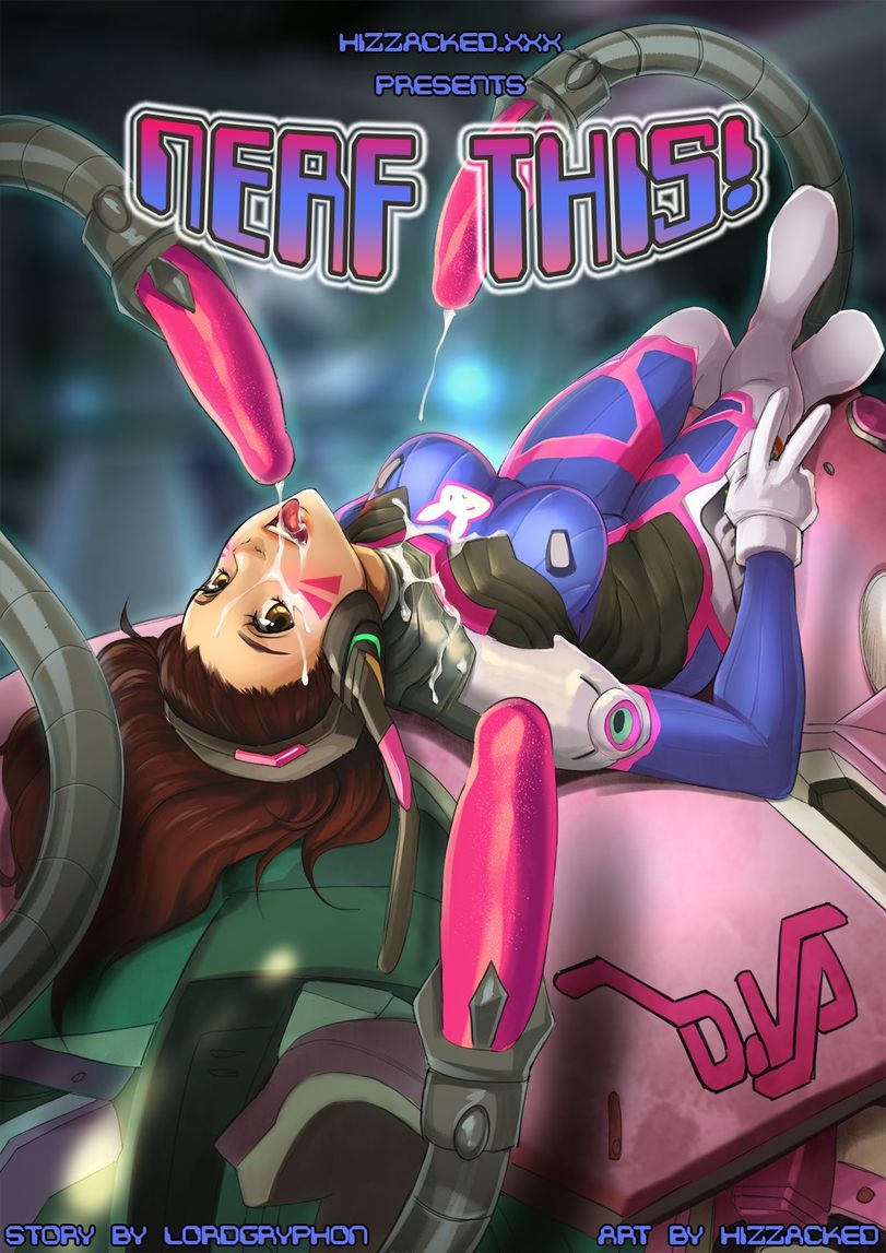 bodysuit brown_hair comic cover_page cum d.va english_text facial female hizzacked long_hair meka overwatch robotic_tentacles sex_machine tentacle text tongue_out