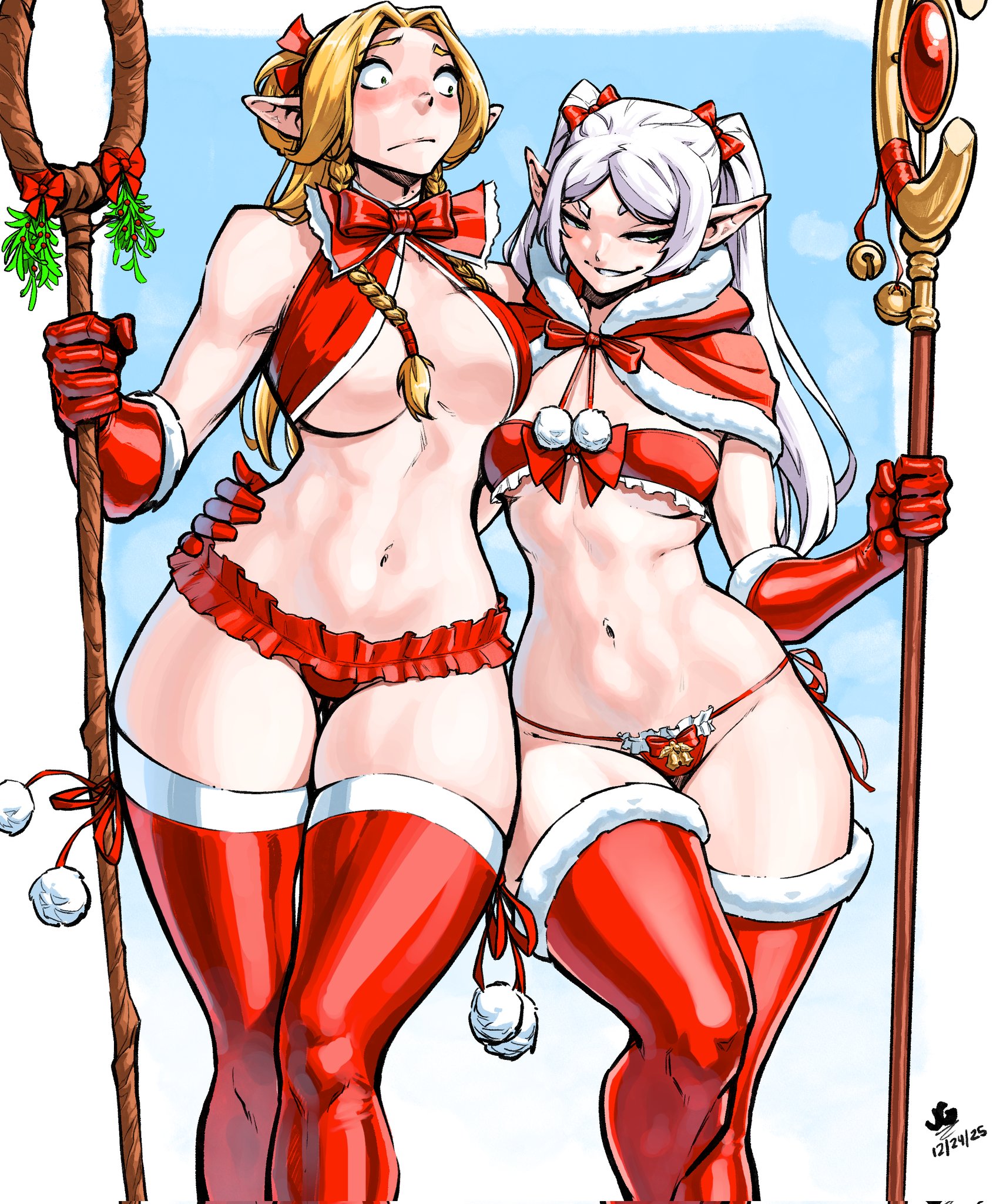 2girls, blush, bow, breasts, capelet, christmas, dungeon meshi, elf, female, female only, frieren, gloves, jgeorgedrawz, large breasts, long hair, marcille donato, multiple girls, navel, panties, pointy ears, ponytail, red gloves, red legwear, red panties, sousou no frieren, staff, thick thighs, thighhighs, underwear