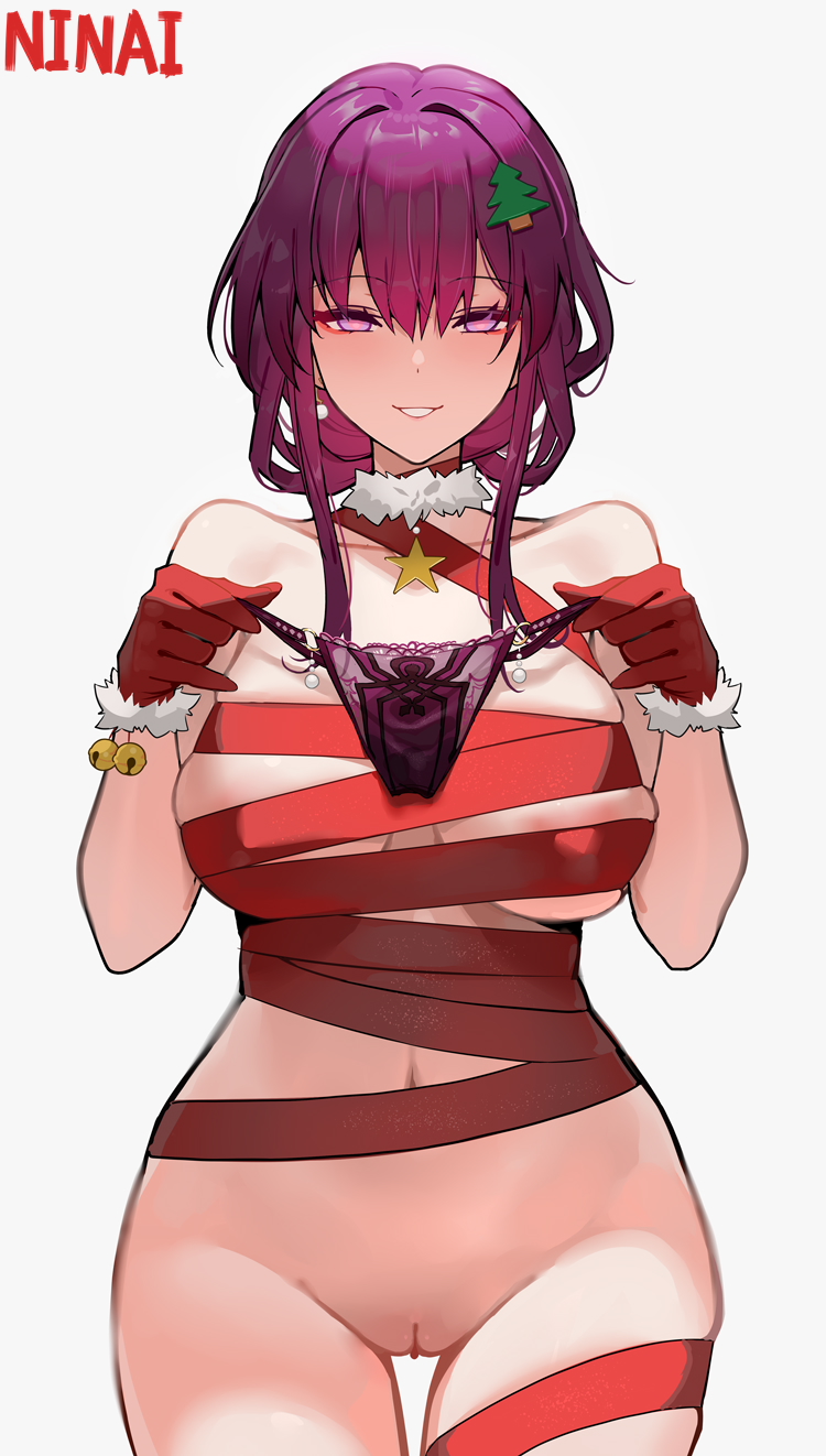ai generated, bell, bondage, bound, christmas, commentary, dress, female, fur trim, fur-trimmed dress, fur-trimmed gloves, gloves, hashtag-only commentary, highres, holding, holding underwear, holding unworn clothes, honkai (series), honkai: star rail, jingle bell, kafka (honkai: star rail), lace trim, lace-trimmed panties, looking at viewer, ninai, no panties, nude, paid reward available, panties, purple eyes, purple hair, pussy, red dress, red gloves, santa costume, santa dress, smile, solo, standing, symbol-only commentary, uncensored, underwear