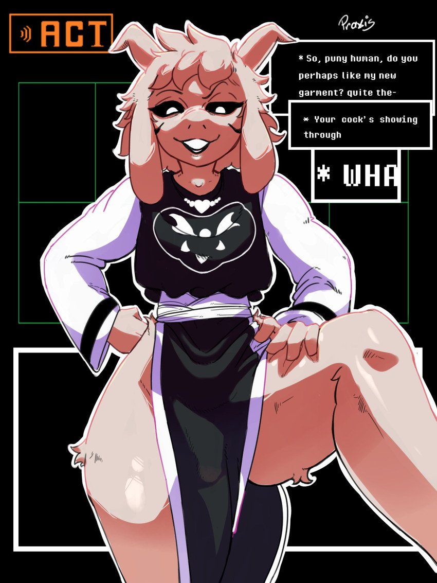 1boy, 3:4, anthro, asriel dreemurr, asriel dreemurr (god form), big thighs, black lipstick, black sclera, boss monster (undertale), bovid, bulge, caprine, cdepraxis, clothed, clothing, digital media (artwork), ear, english text, femboy, fur, furry, furry femboy, furry male, goat, hair, hand on hip, hi res, horn, huge thighs, imminent sex, large thighs, lipstick, long, looking at viewerrunes, male, male only, mammal, penis bulge, penis visible through clothing, raised leg, shirt, smile, solo, solo male, standing, text, thick thighs, topwear, tunic, twitter link, undertale, undertale (series), white body, white eyes, white fur
