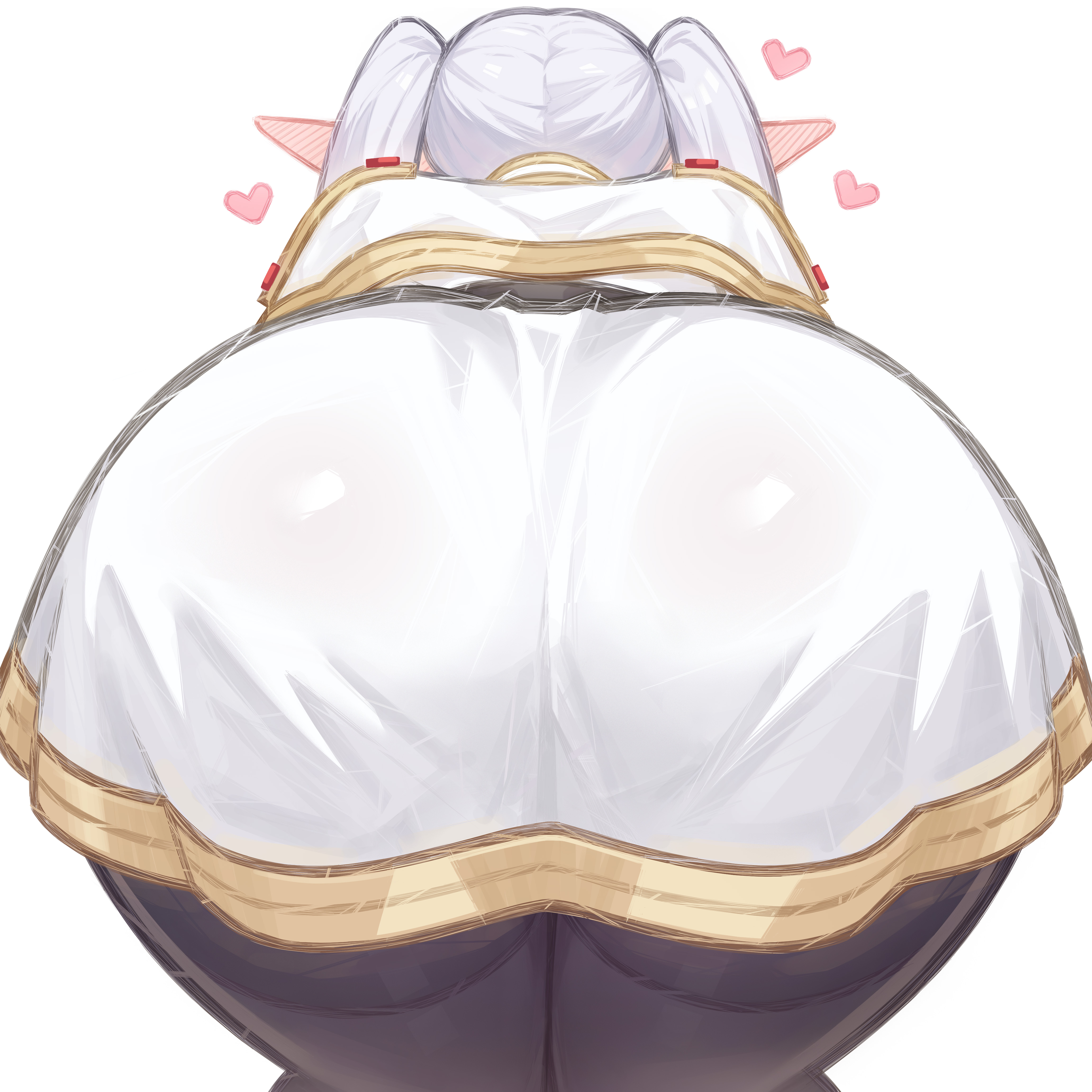 2d, 2d (artwork), 2d artwork, ass, black pants, elf, elf ears, elf female, elf girl, frieren, frieren beyond journey's end, light skin, light-skinned female, merrytail, presenting, presenting ass, presenting hindquarters, solo, white clothing, white hair