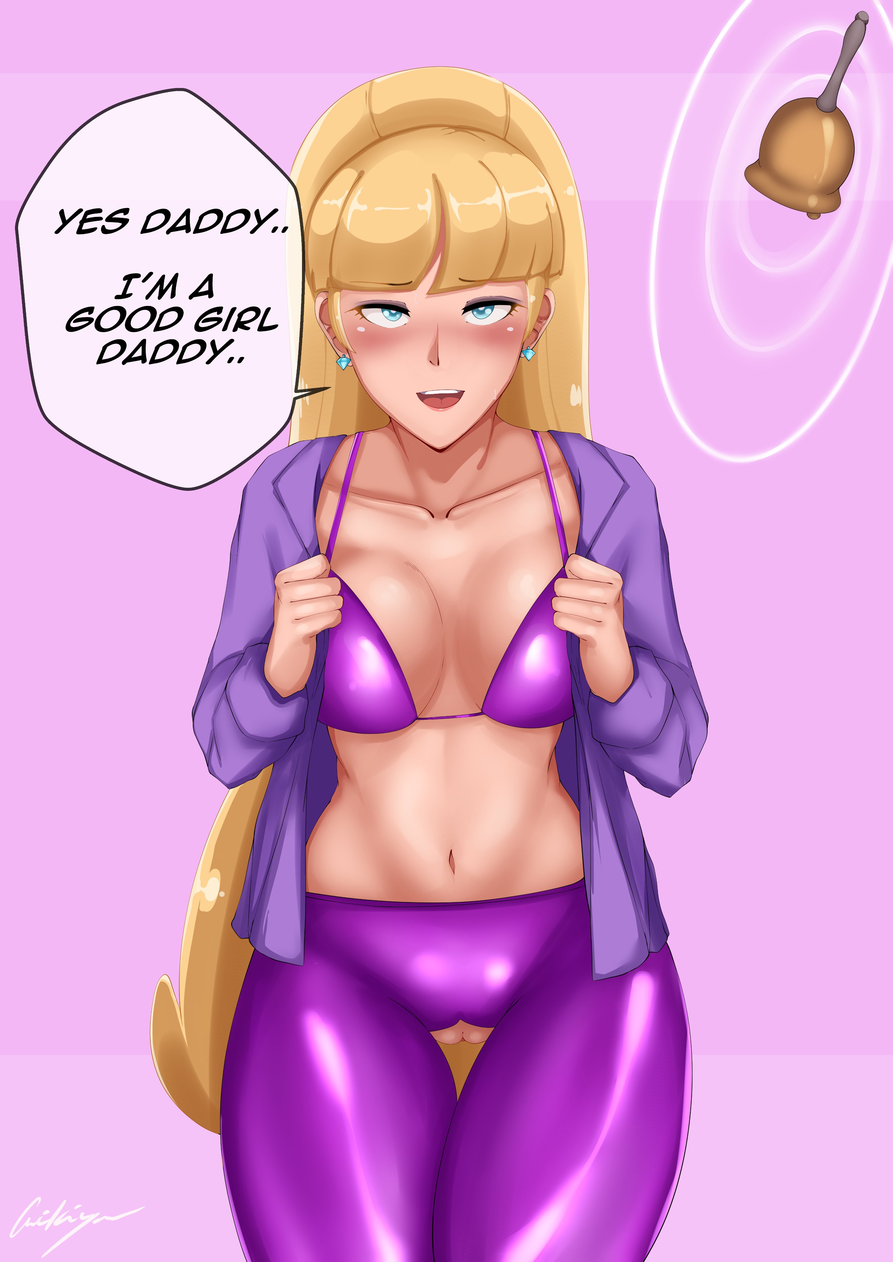 absurdres, aikiyun, bangs, bell, blonde hair, crotch cutout, crotchless panties, disney, father and daughter, female only, femsub, gravity falls, happy trance, hypnosis, implied incest, maledom, pacifica northwest, pussy, straight-cut bangs, text, trigger
