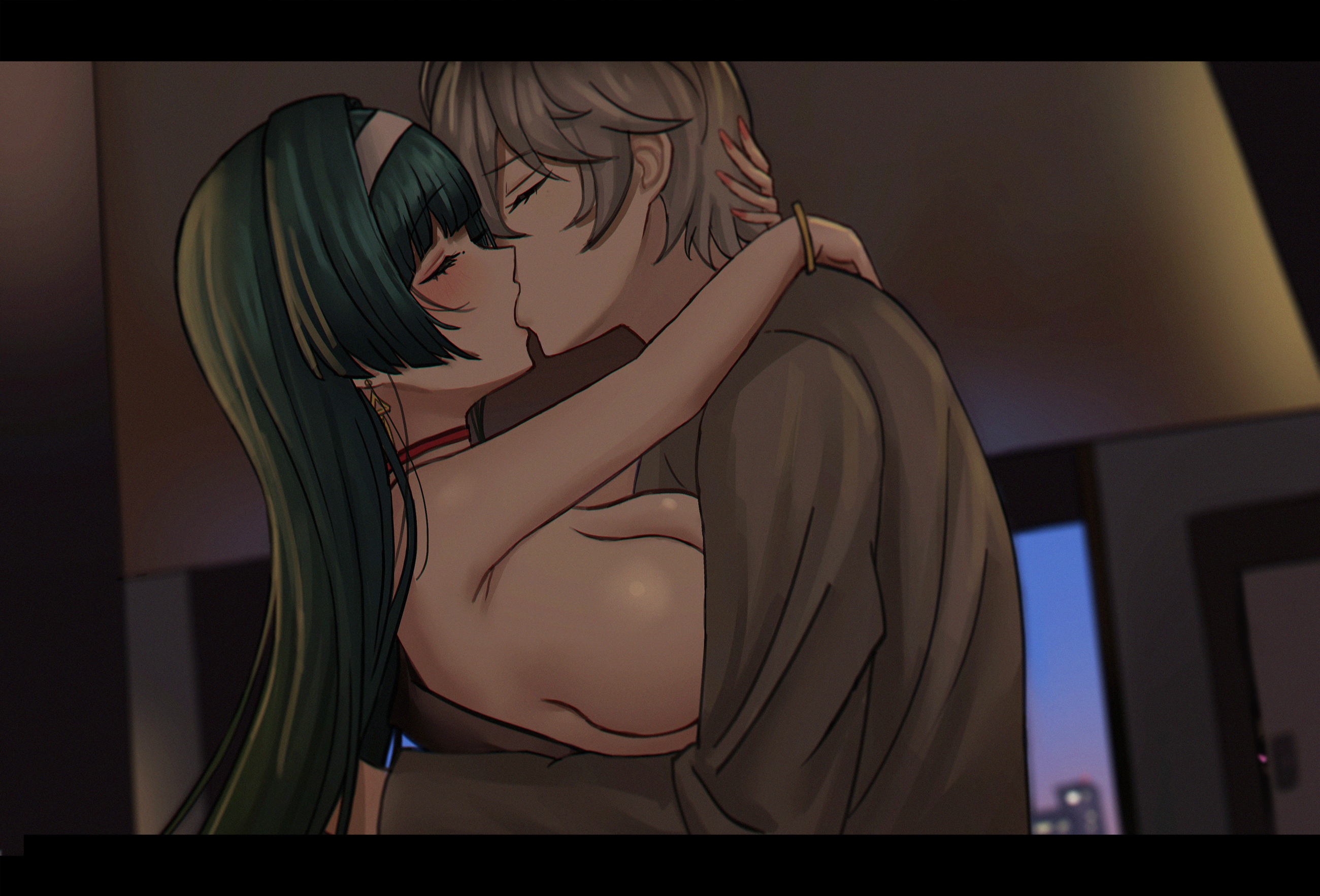 1boy, 1girls, astra yao, big breasts, black hair, busty, dark hair, female, hoyoverse, kissing, large breasts, light skin, light-skinned female, making out, male, mihoyo, selcky, topless, topless female, wise (zenless zone zero), zenless zone zero