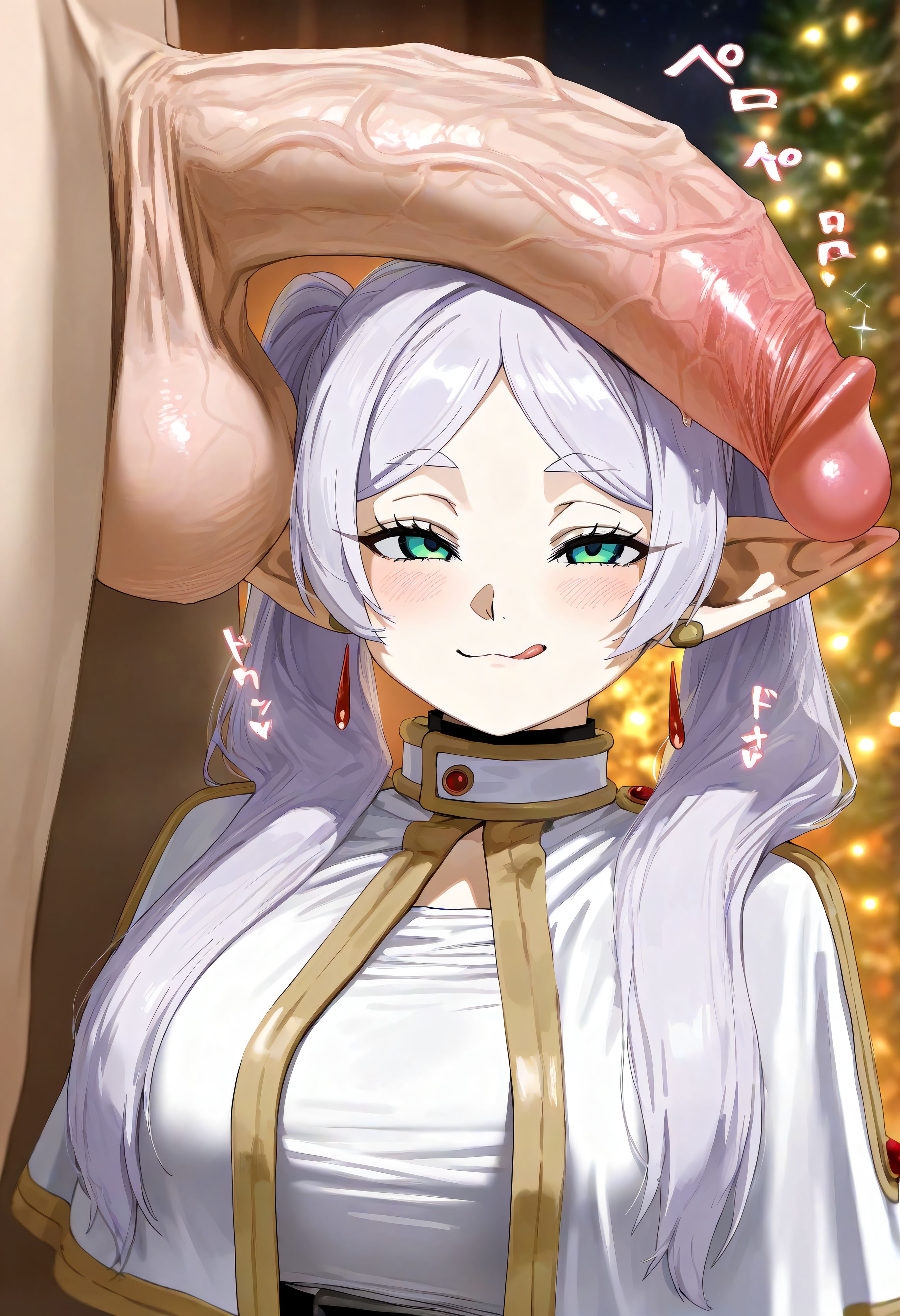 1boy, 1girls, ai generated, balls, big balls, big penis, christmas, cyan eyes, elf, elf ears, elf female, frieren, gigantic breasts, gintoai, huge balls, huge breasts, huge cock, light skin, light-skinned female, light-skinned male, looking at viewer, massive breasts, mature female, muscular male, nude, nude male, oiled body, oiled skin, penis, penis on head, smiling, sousou no frieren, squatting, sweat, sweatdrop, thick body, thick female, twintails, veiny penis, voluptuous, voluptuous female, white hair