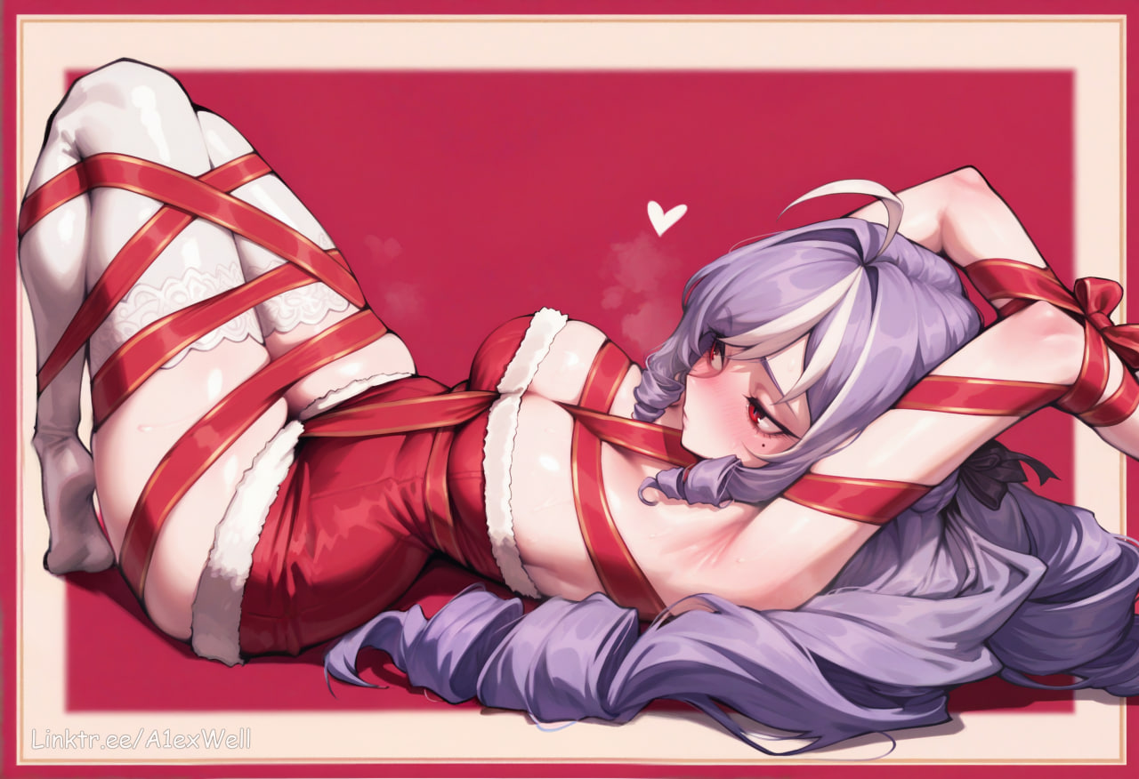 a1exwell, ai generated, armpit fetish, armpits, christmas, christmas clothing, christmas outfit, drill hair, embarrassed, female, gifting self, hoyoverse, purple hair, red ribbon, ribbon bondage, shy, simple background, tied hands, tied legs, vivian (zenless zone zero), vivian banshee, zenless zone zero