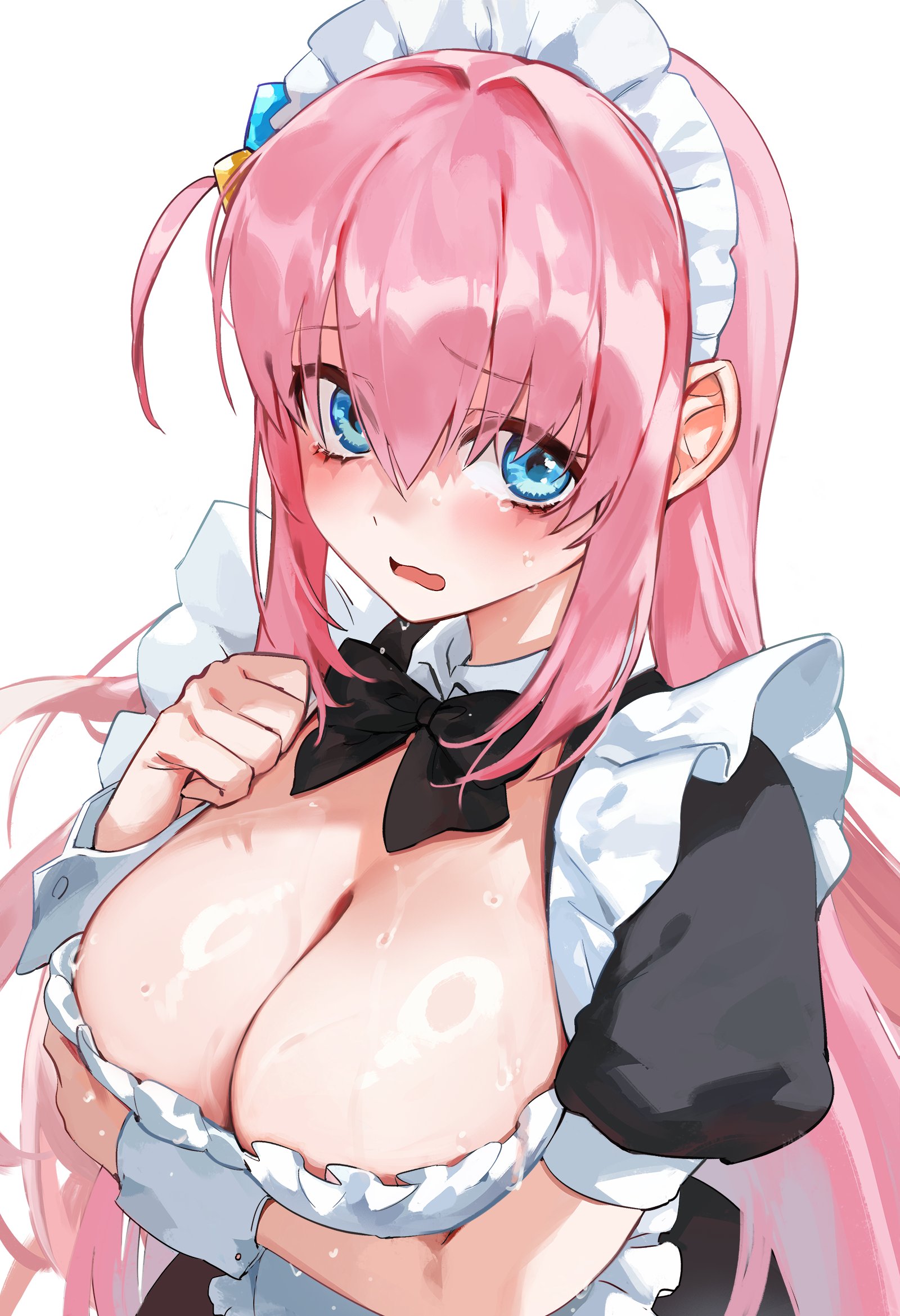 1girls, apron, arm under breasts, black bow, black bowtie, black dress, blue eyes, blush, bocchi the rock!, bow, bowtie, breasts, cleavage, collared dress, commentary, cube hair ornament, dress, embarrassed, english commentary, female, female only, foolish potato, frilled apron, frills, furrowed brow, gotou hitori, hair between eyes, hair intakes, hair ornament, hand up, highres, large breasts, long hair, looking at viewer, maid, maid headdress, maid uniform, open mouth, pink hair, portrait, puffy short sleeves, puffy sleeves, shiny skin, short sleeves, side ahoge, simple background, solo, sweat, very long hair, wavy mouth, white apron, white background, white wrist cuffs, wrist cuffs