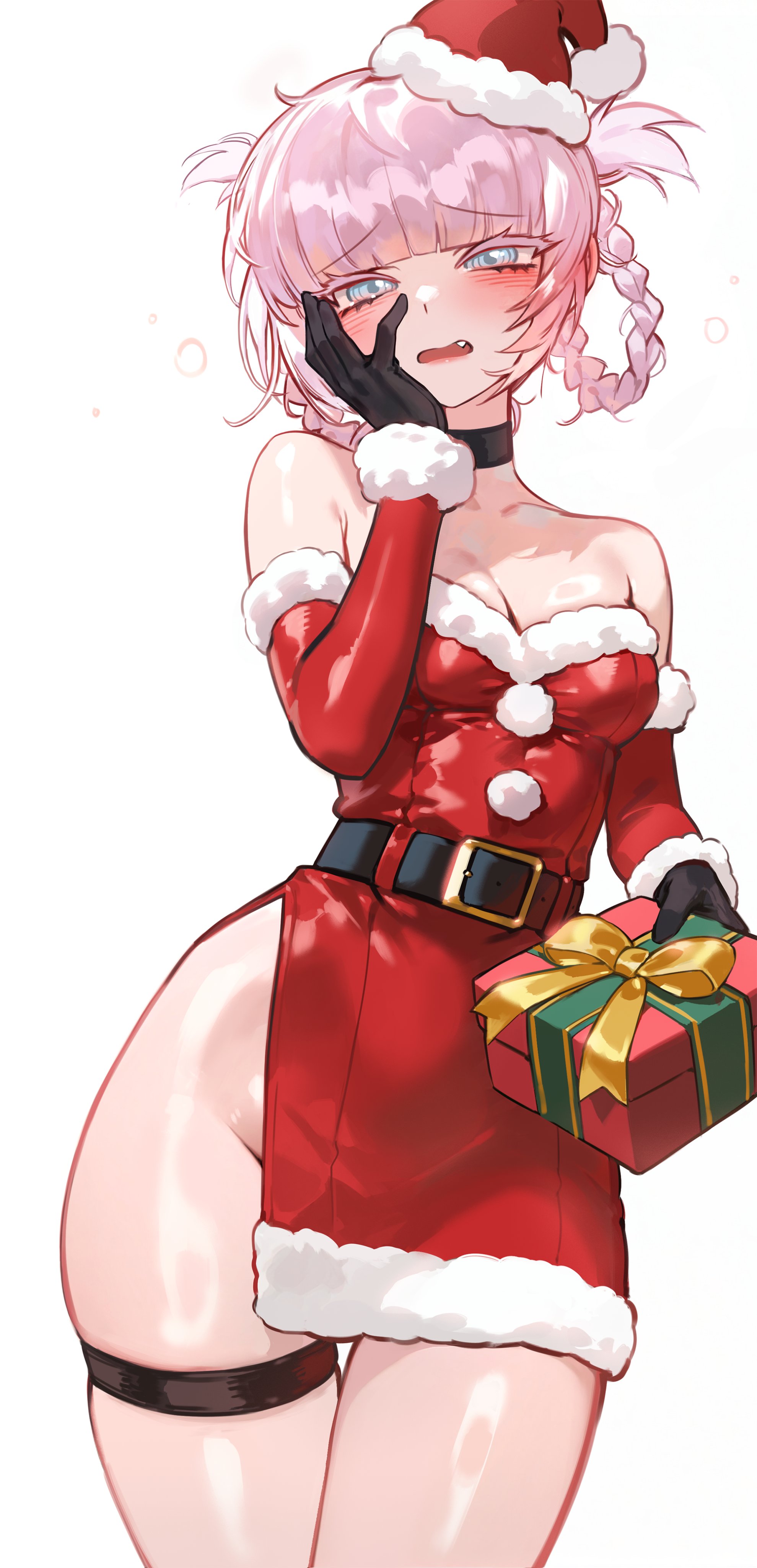 1girls, absurdres, alternate costume, black choker, black gloves, blue eyes, braid, braided hair rings, breasts, call of the night, choker, cleavage, commentary, dress, english commentary, female, female only, foolish potato, gloves, hair rings, hat, highres, hourglass figure, looking at viewer, medium breasts, nanakusa nazuna, nanakusa nazuna (yofukashi no uta), no panties, pelvic curtain, petite, pink hair, ringed eyes, santa costume, santa dress, santa hat, side slit, slim waist, small breasts, solo, strapless, strapless dress, thigh gap, thighs, vampire, yofukashi no uta