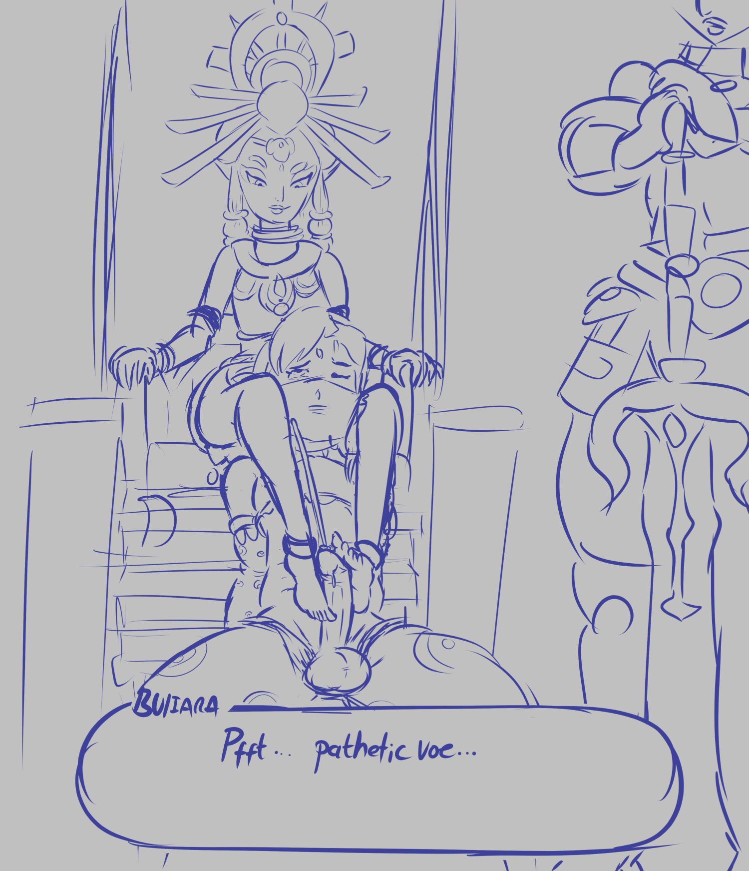1boy, 2girls, androgynous, balls, blargsnarf, breath of the wild, buliara, cum, feet, female, femboy, femdom, foot fetish, footjob, gerudo, gerudo link, gerudo top, gerudo veil, girly, interspecies, link, male, malesub, monochrome, nintendo, penis, riju, sketch, source request, straight, testicles, text, the legend of zelda, trap
