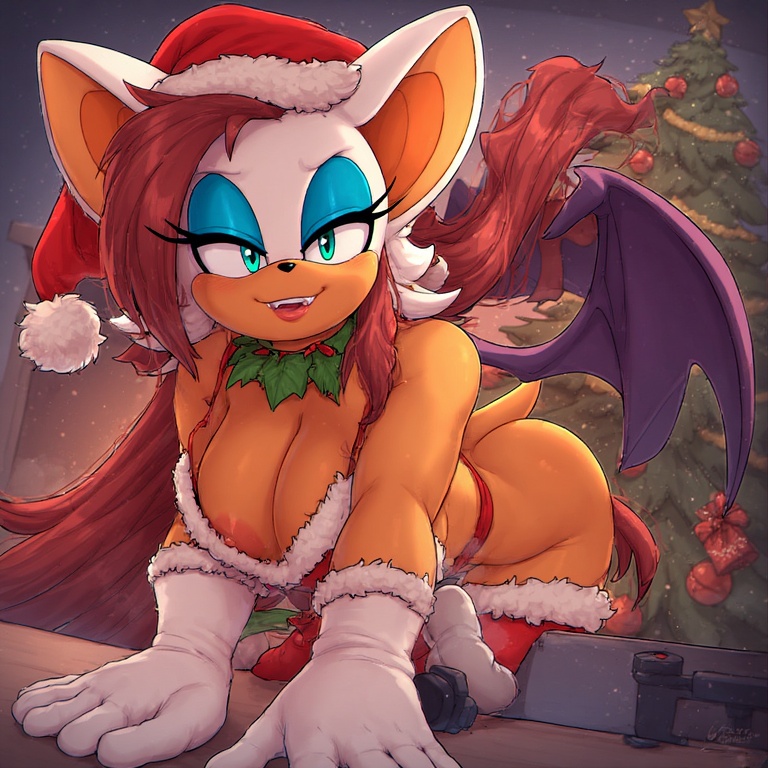 1girls, ai generated, breasts, christmas, christmas tree, digital media (artwork), furry, nipple slip, nude, rouge the bat, santa hat, seductive look, sega, self upload, sonic (series), sonic the hedgehog (series), thighhighs