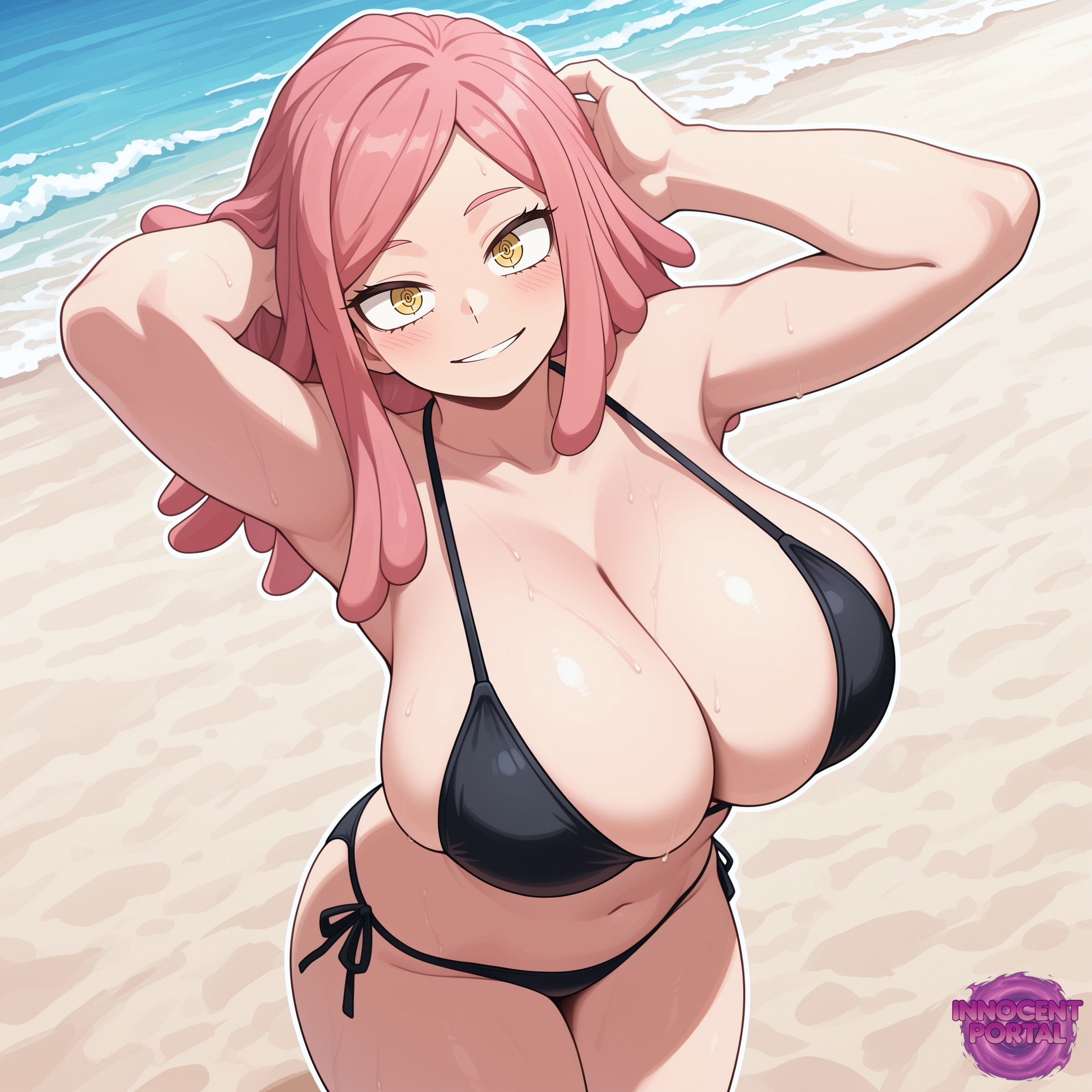 1girls, ai generated, beach, big breasts, bikini, black bikini, blush, blush lines, boku no hero academia, breasts, busty, busty female, cleavage, fanart, female, female focus, female only, hatsume mei, jorgecarlosai, long hair, mei hatsume, my hero academia, navel, pink hair, pink-haired female, posing, sand, sexy, sexy body, sexy female, sexy pose, side-tie bikini, smile, thick hair, thighs, waifu, water, watermark, yellow eyes
